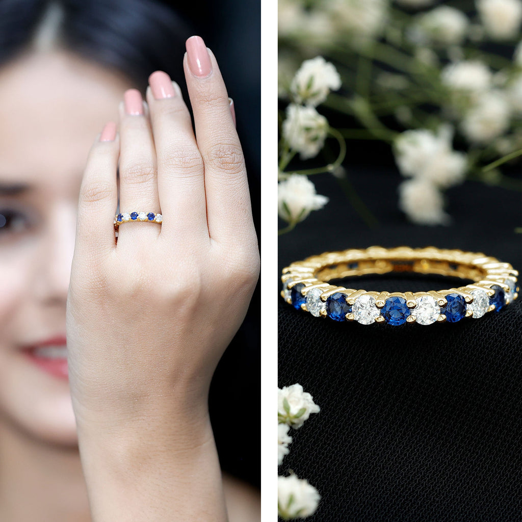 Certified Round Lab Grown Blue Sapphire Eternity Band Ring with Moissanite