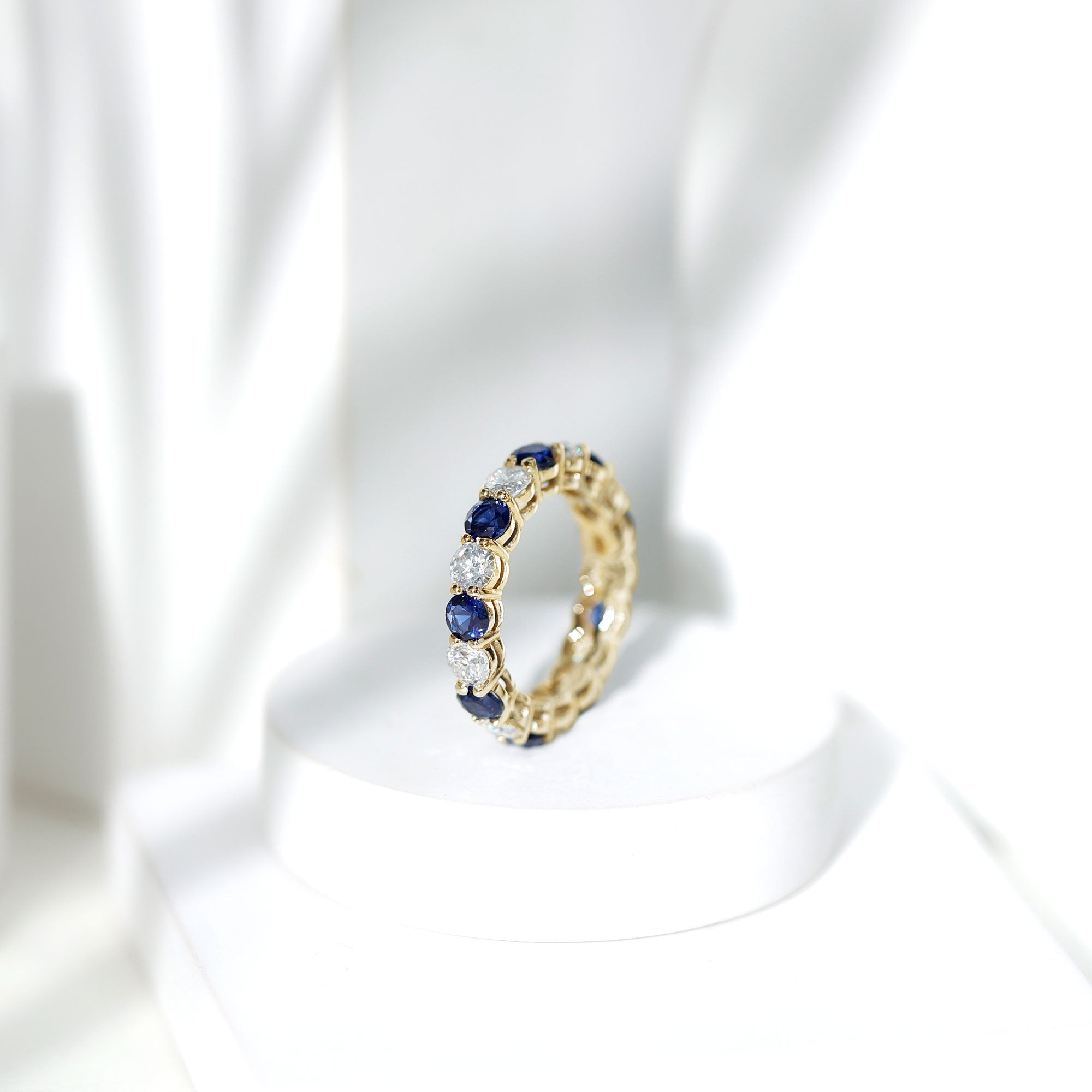 Certified Round Lab Grown Blue Sapphire Eternity Band Ring with Moissanite