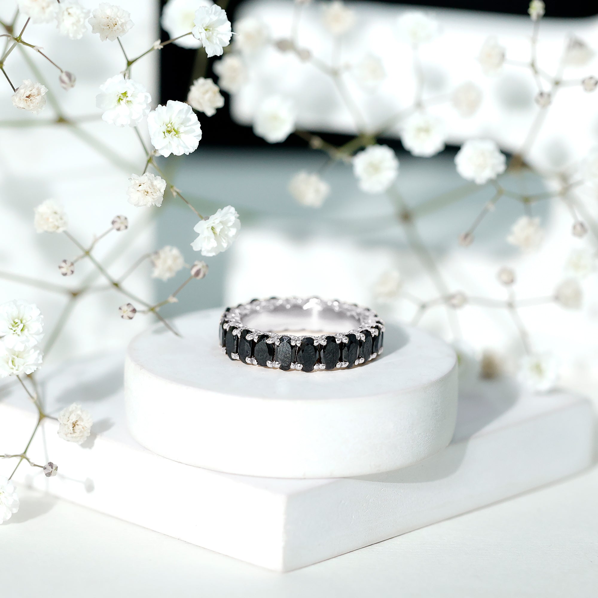 Oval Shaped Black Onyx Wedding Band for Women