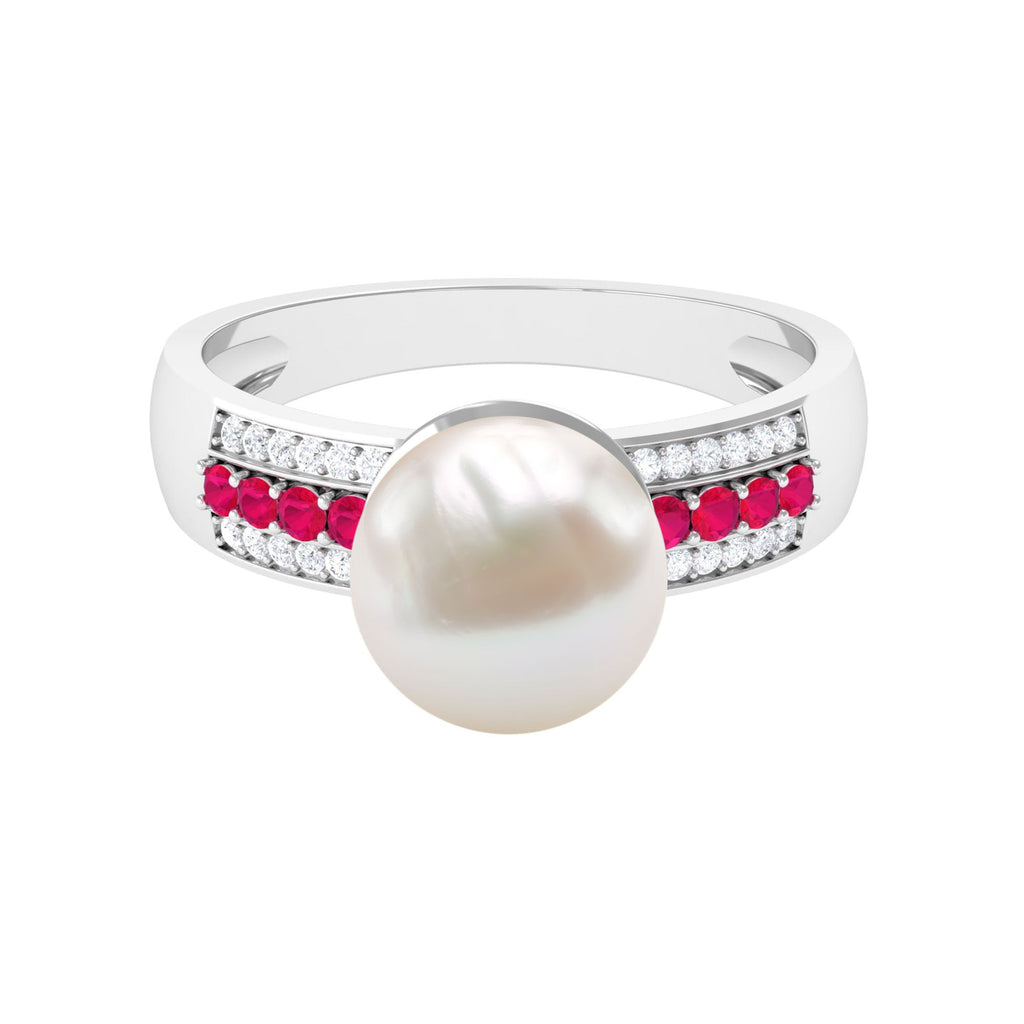 8 Carat Freshwater Pearl Solitaire Engagement Ring with Ruby and Diamond