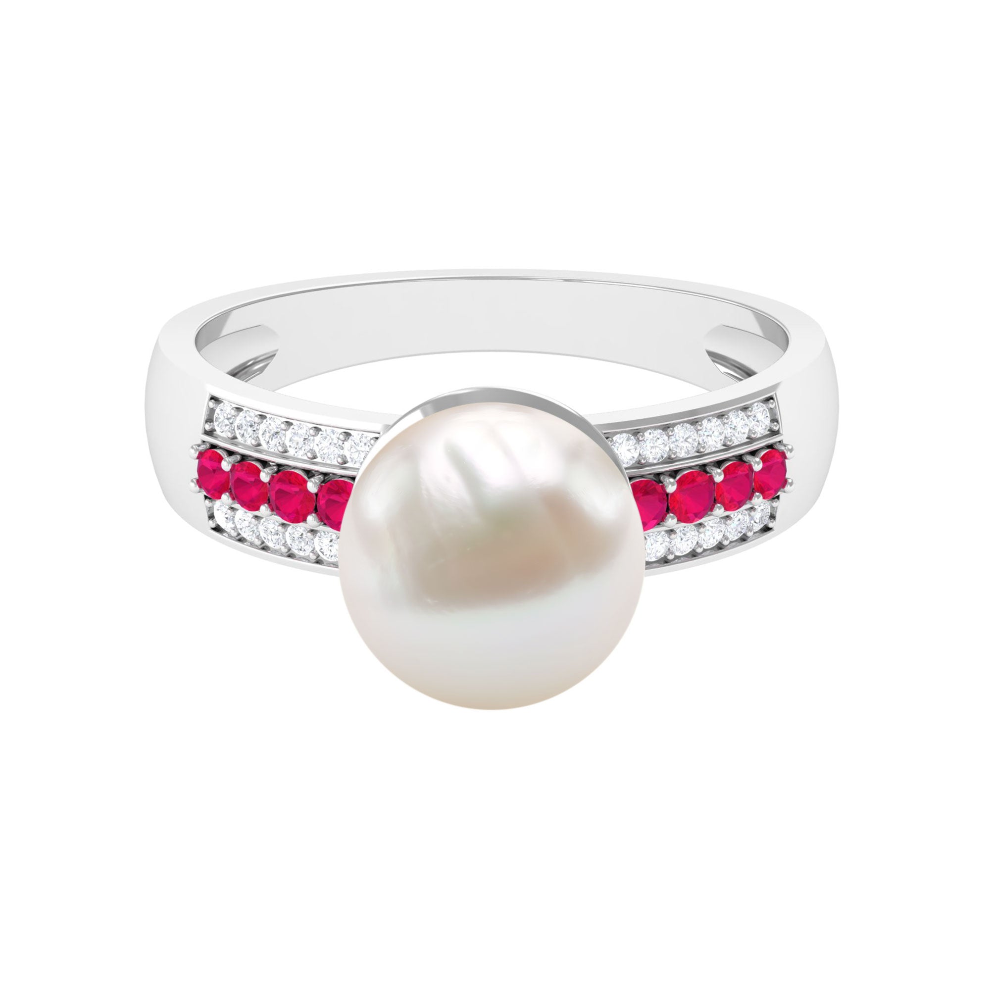 8 Carat Freshwater Pearl Solitaire Engagement Ring with Ruby and Diamond