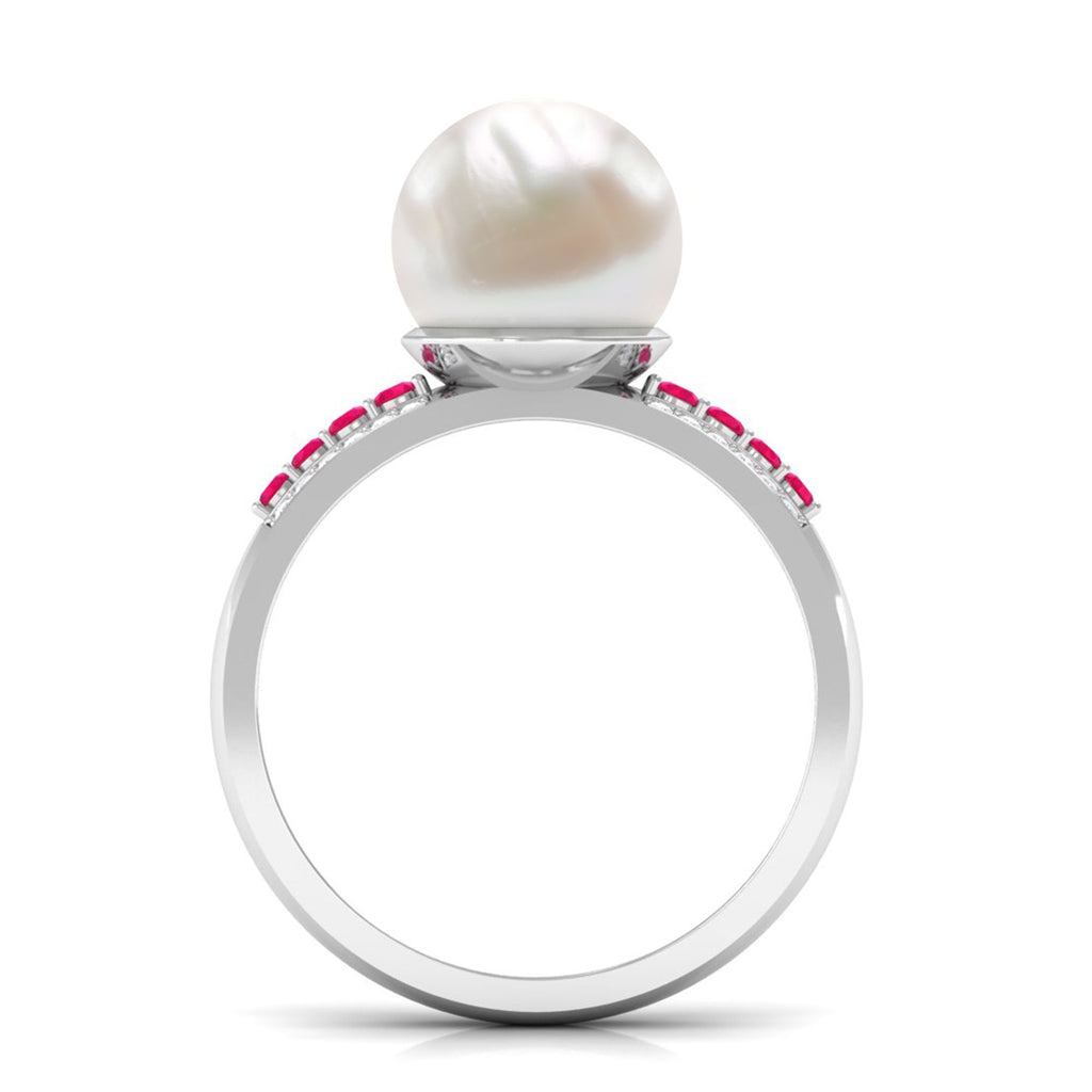 8 Carat Freshwater Pearl Solitaire Engagement Ring with Ruby and Diamond