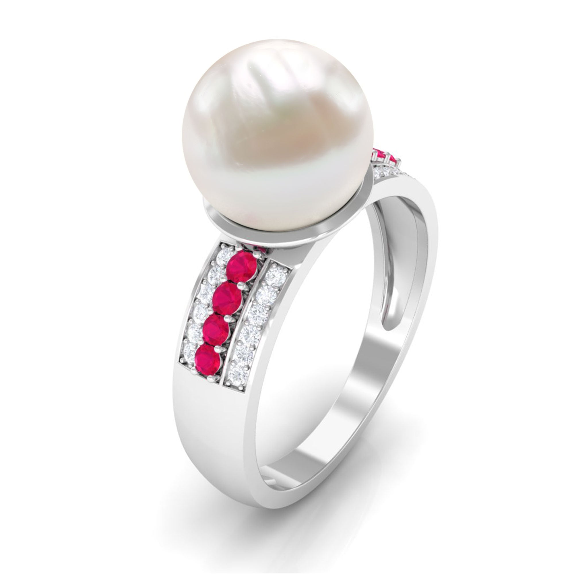 8 Carat Freshwater Pearl Solitaire Engagement Ring with Ruby and Diamond