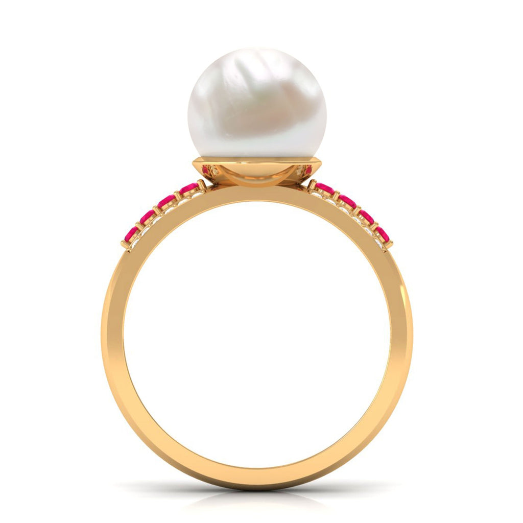 8 Carat Freshwater Pearl Solitaire Engagement Ring with Ruby and Diamond