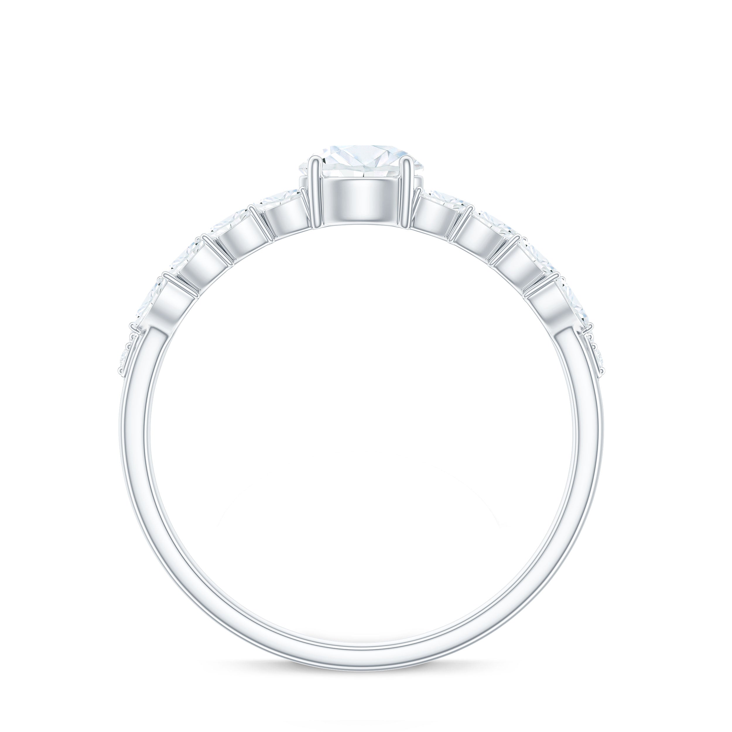 Round Shape Moissanite Engagement Ring with Marquise Side Stones