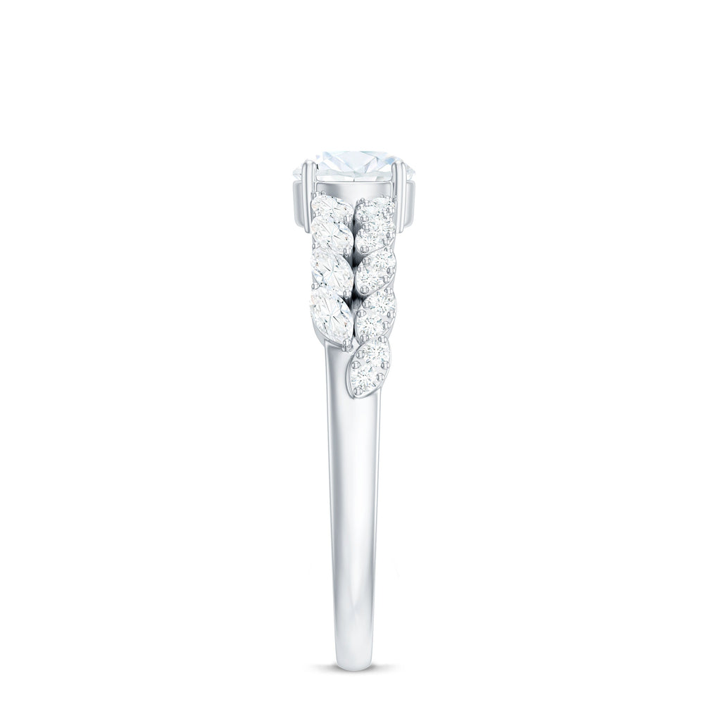 Round Shape Moissanite Engagement Ring with Marquise Side Stones