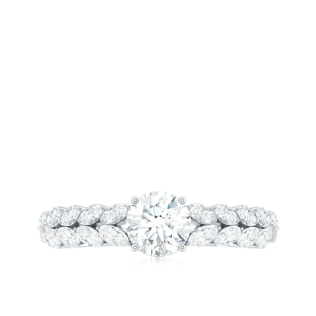 Round Shape Moissanite Engagement Ring with Marquise Side Stones