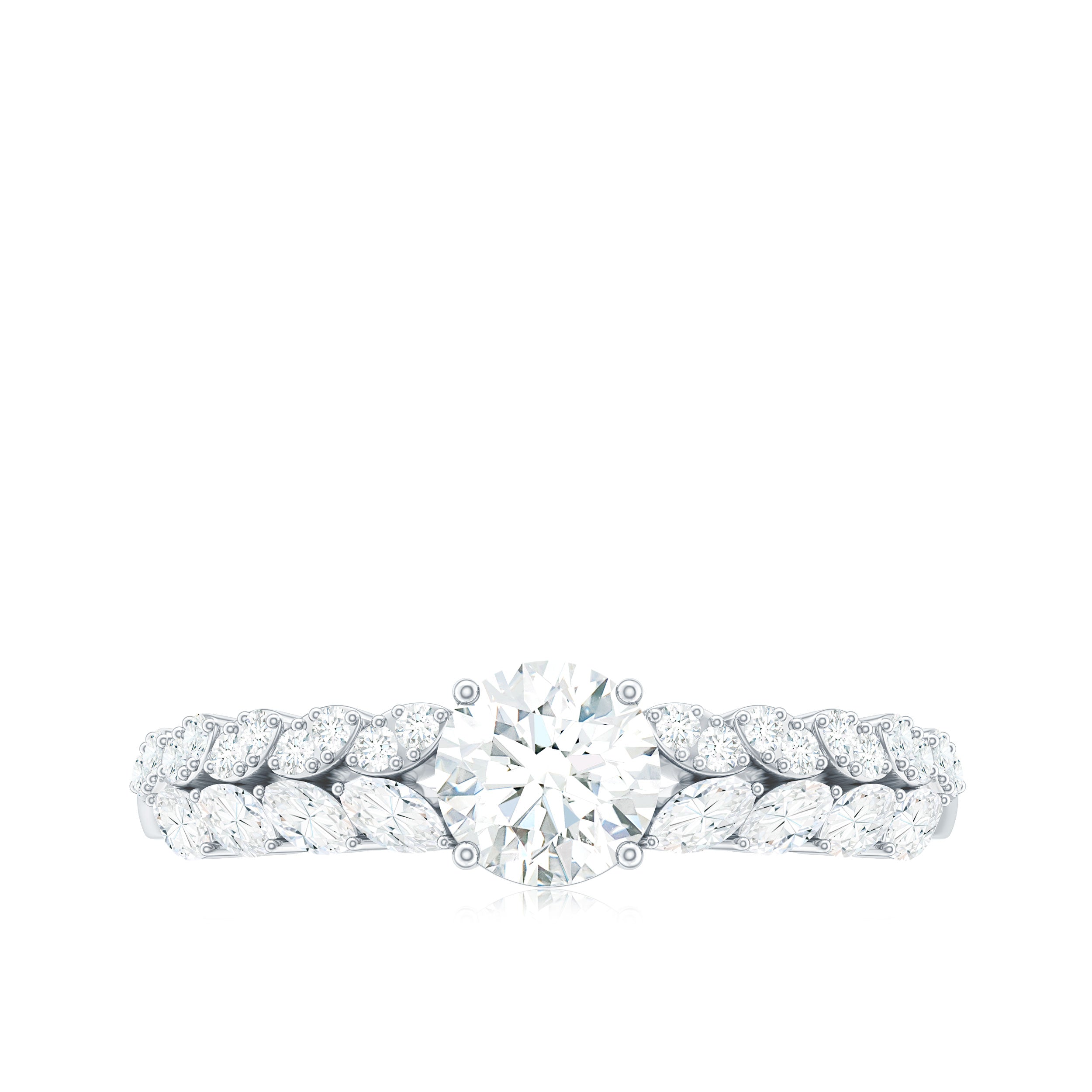 Round Shape Moissanite Engagement Ring with Marquise Side Stones