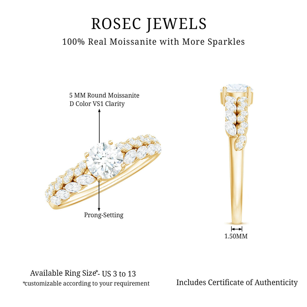 Round Shape Moissanite Engagement Ring with Marquise Side Stones