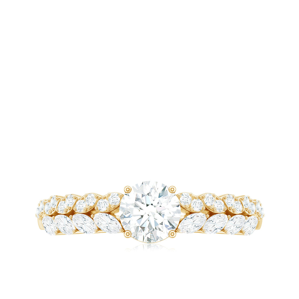 Round Shape Moissanite Engagement Ring with Marquise Side Stones