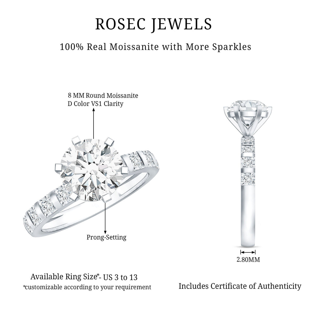 Round Cut 2 CT Moissanite Solitaire Engagement Ring with Side Stones
