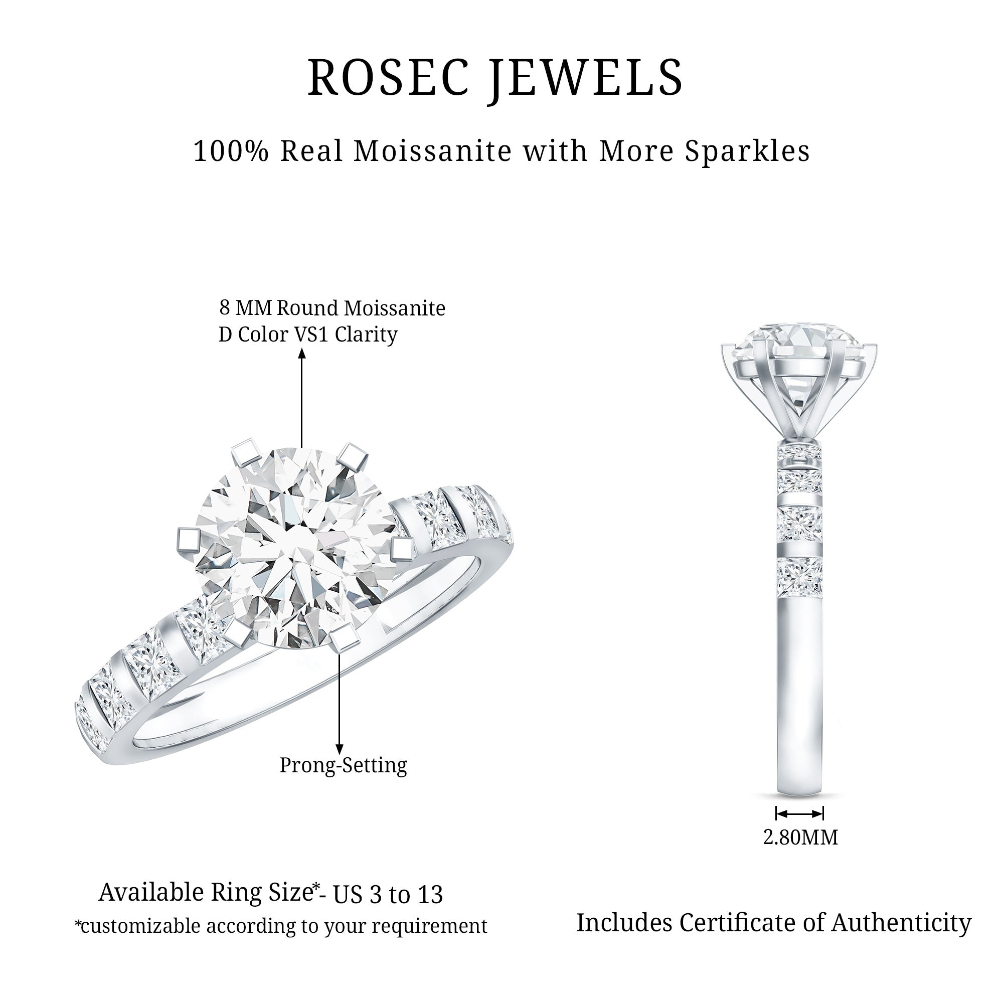 Round Cut 2 CT Moissanite Solitaire Engagement Ring with Side Stones