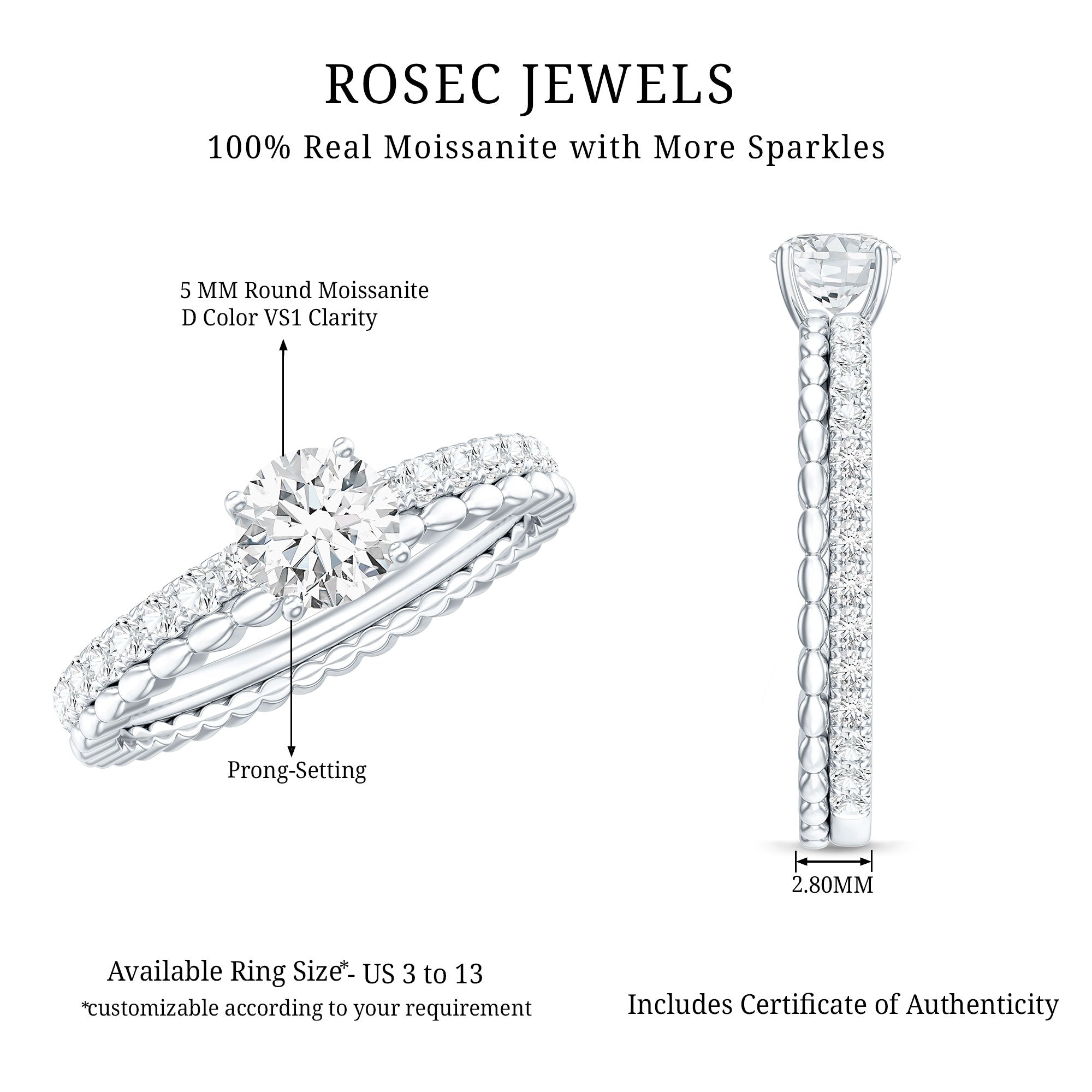 Round Cut Moissanite Designer Engagement Ring With Certificate