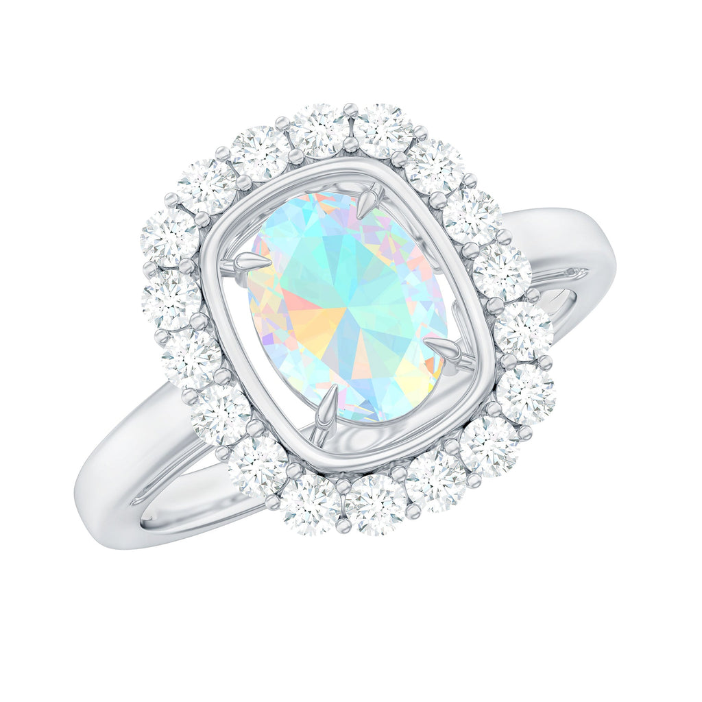 1.2 Carat Oval Cut Ethiopian Opal Halo Engagement Ring with Moissanite