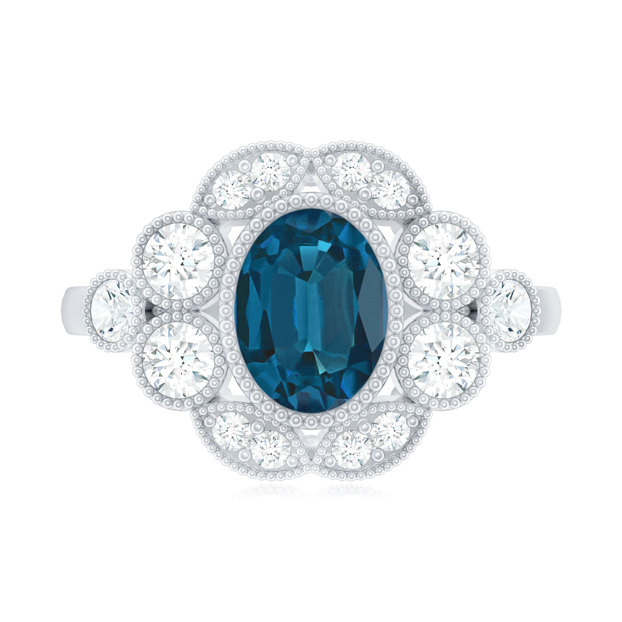 Real Oval London Blue Topaz Vintage Engagement Ring with Diamond