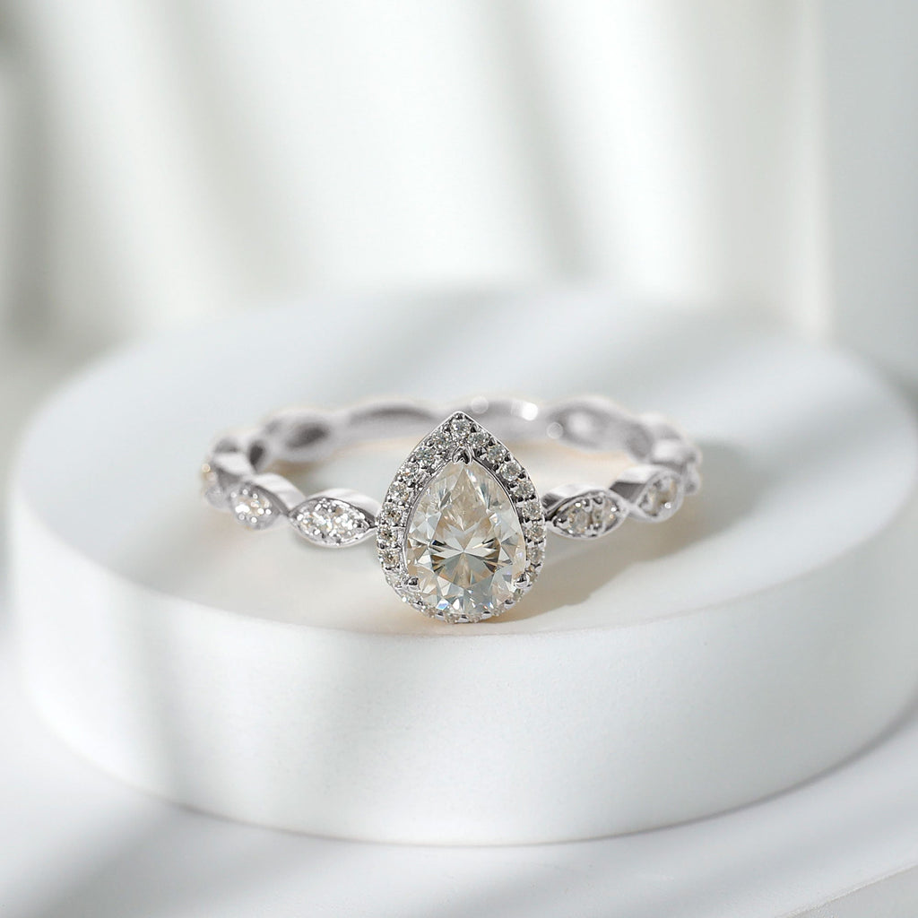 Moissanite Teardrop Engagement Ring with Scalloped Shank