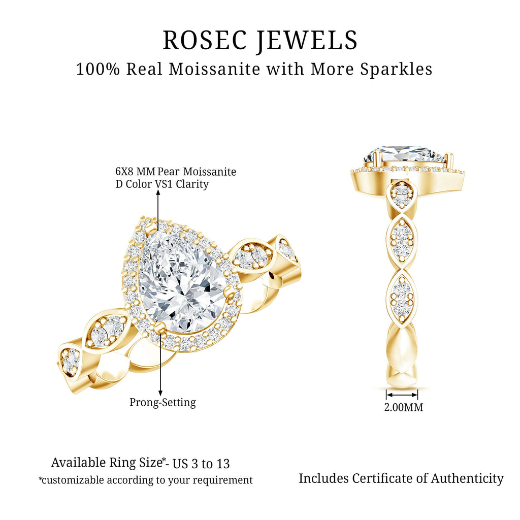 Moissanite Teardrop Engagement Ring with Scalloped Shank