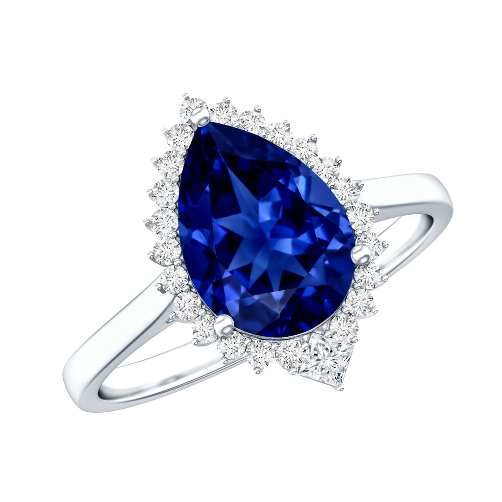 Certified 3 Carat Lab Grown Blue Sapphire Pear Shaped Engagement Ring with Diamond Halo