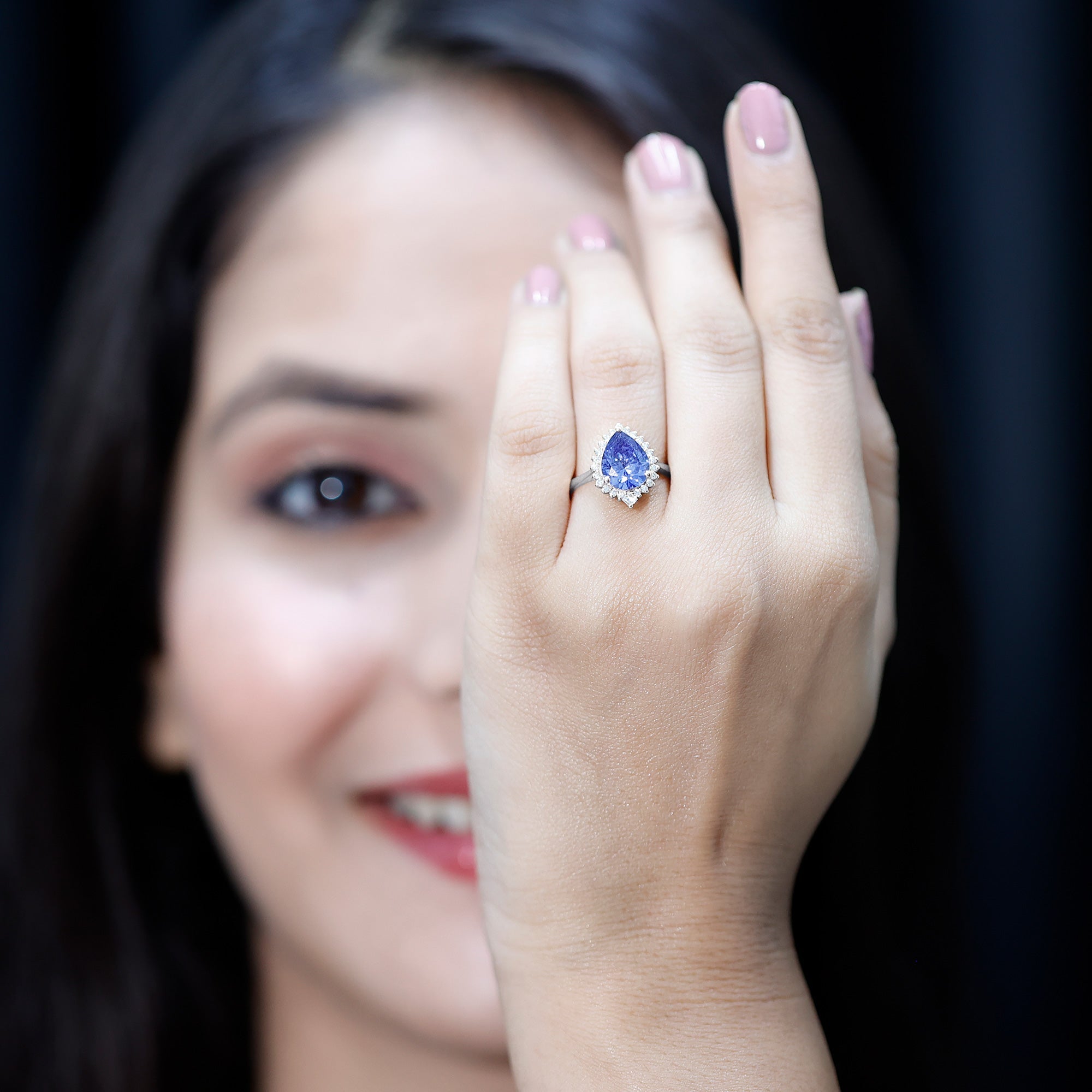 Certified 3 Carat Lab Grown Blue Sapphire Pear Shaped Engagement Ring with Diamond Halo