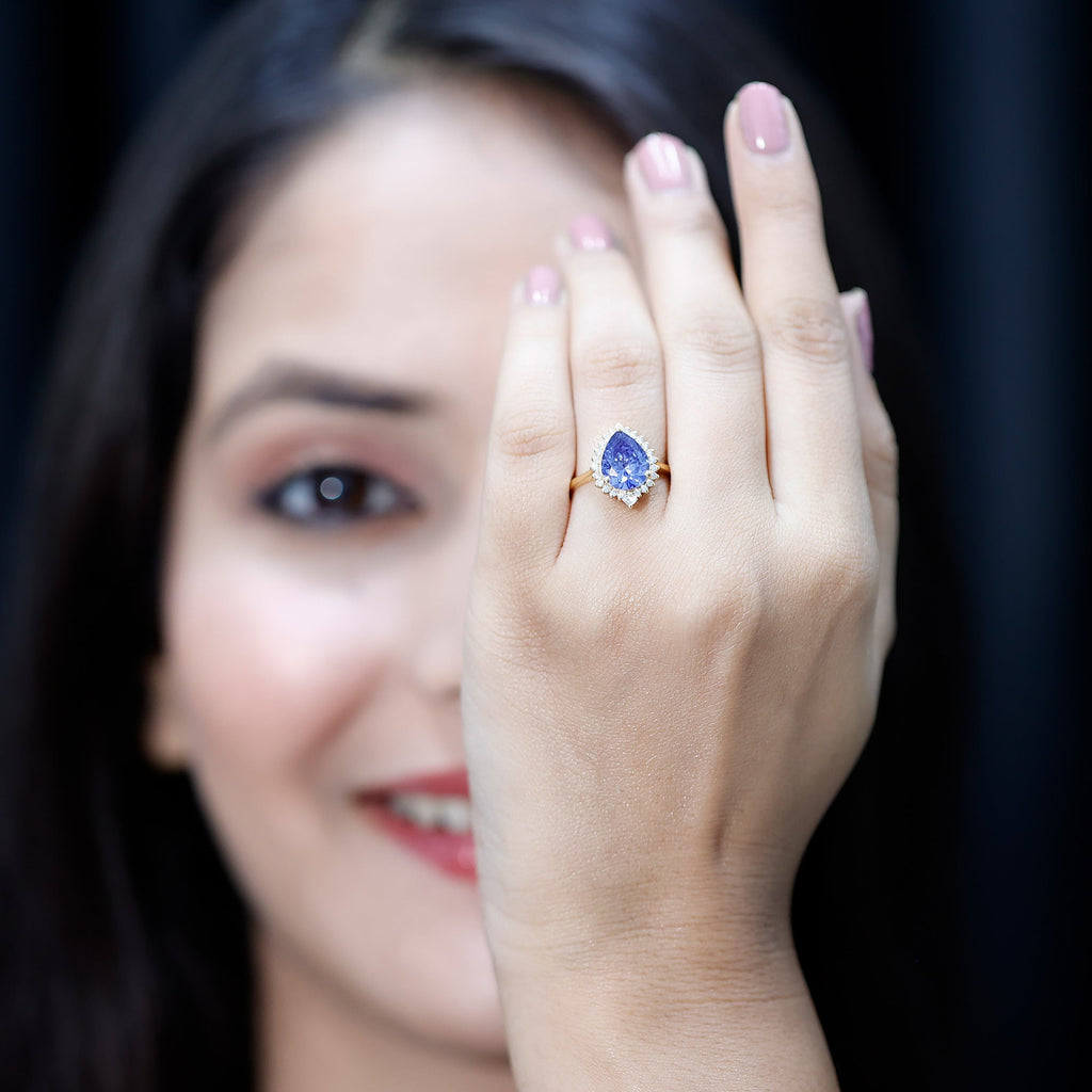Certified 3 Carat Lab Grown Blue Sapphire Pear Shaped Engagement Ring with Diamond Halo