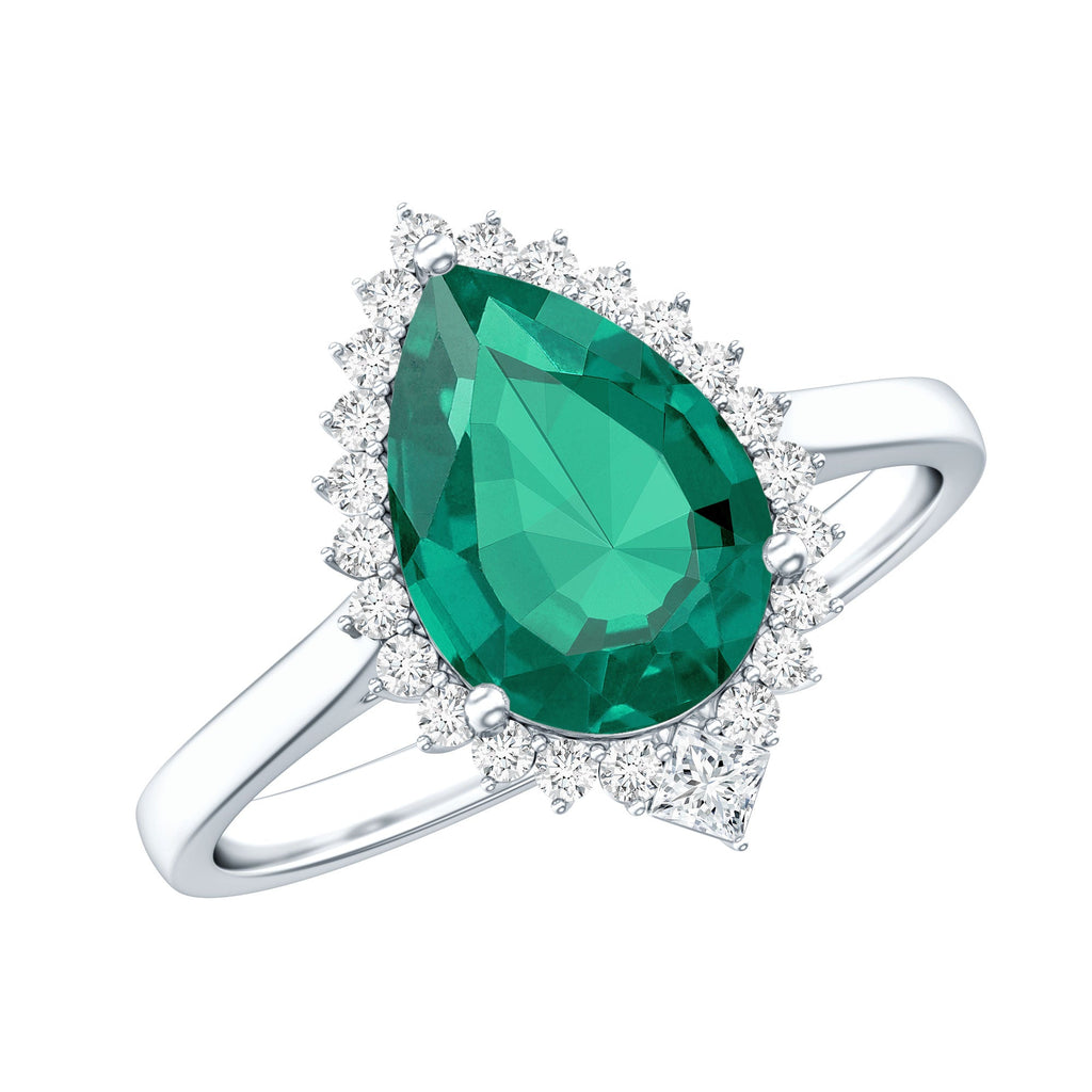 Certified 2 Carat Lab Grown Emerald Teardrop Engagement Ring with Diamond Halo