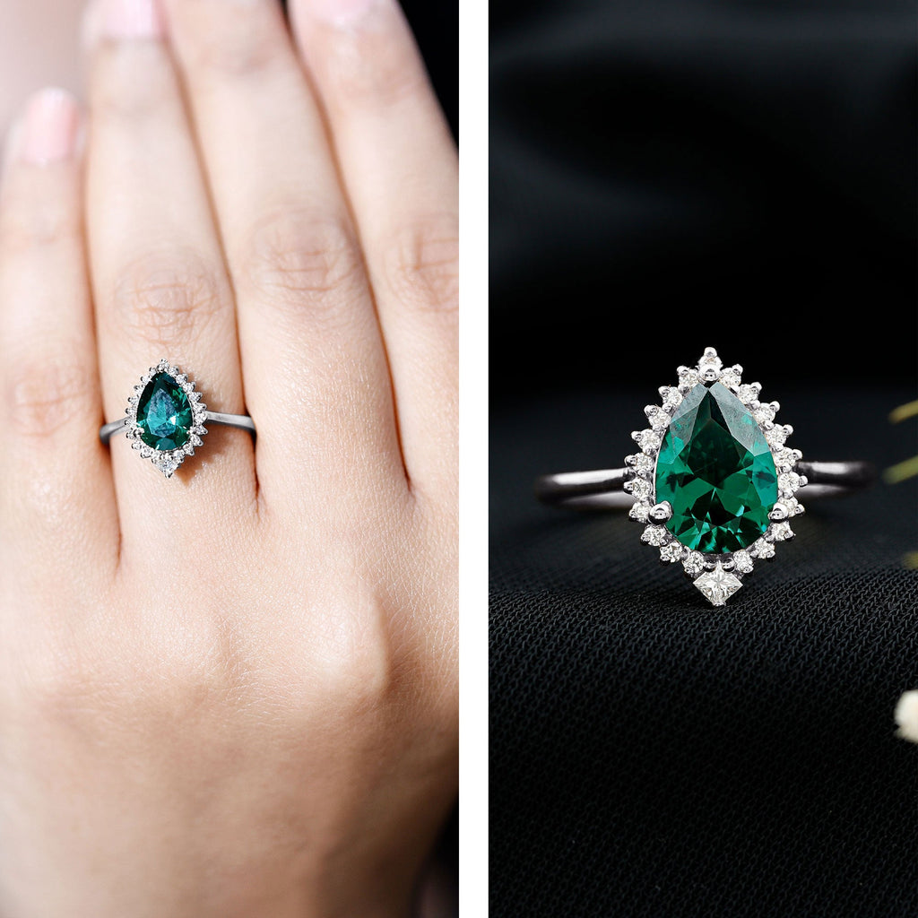 Certified 2 Carat Lab Grown Emerald Teardrop Engagement Ring with Diamond Halo