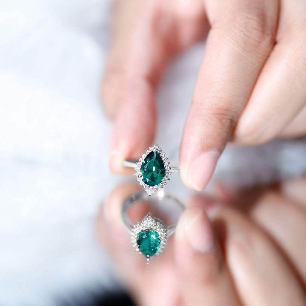 Certified 2 Carat Lab Grown Emerald Teardrop Engagement Ring with Diamond Halo