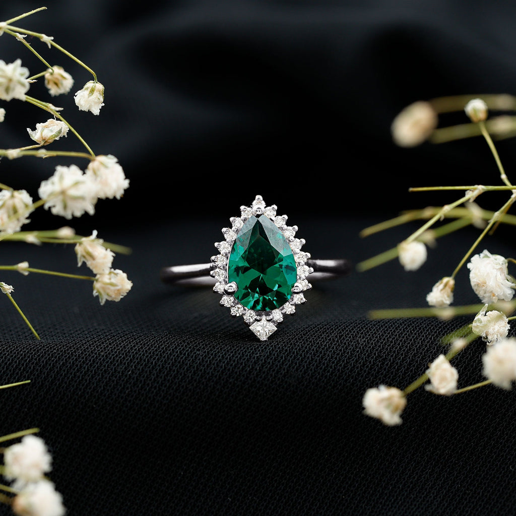 Certified 2 Carat Lab Grown Emerald Teardrop Engagement Ring with Diamond Halo