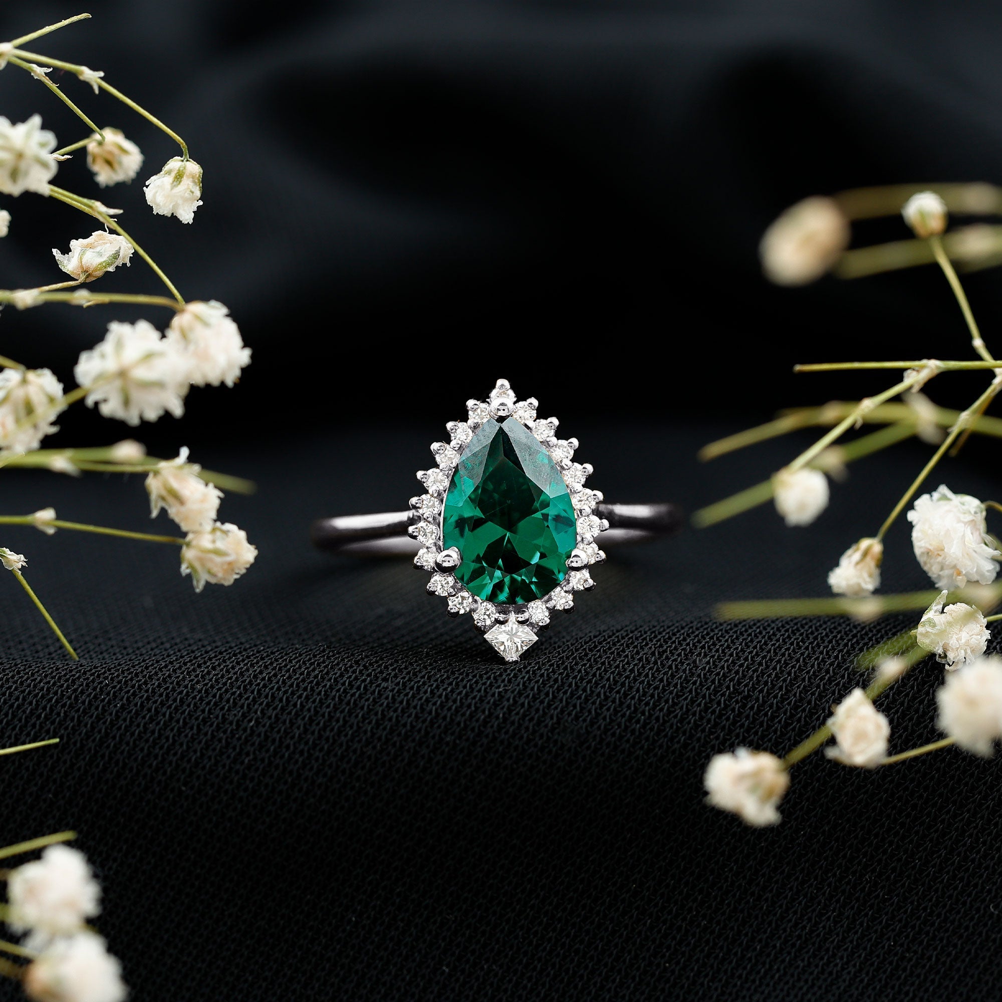 Certified 2 Carat Lab Grown Emerald Teardrop Engagement Ring with Diamond Halo