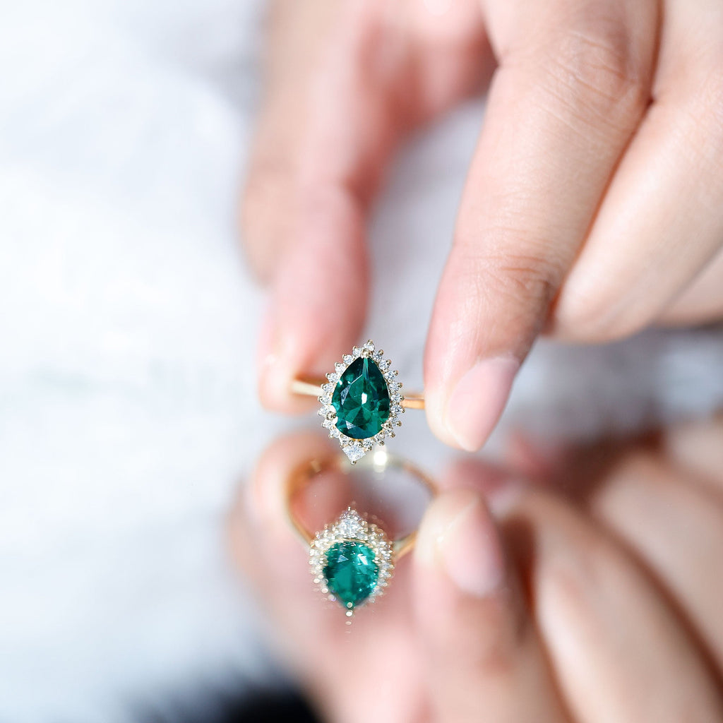 Certified 2 Carat Lab Grown Emerald Teardrop Engagement Ring with Diamond Halo