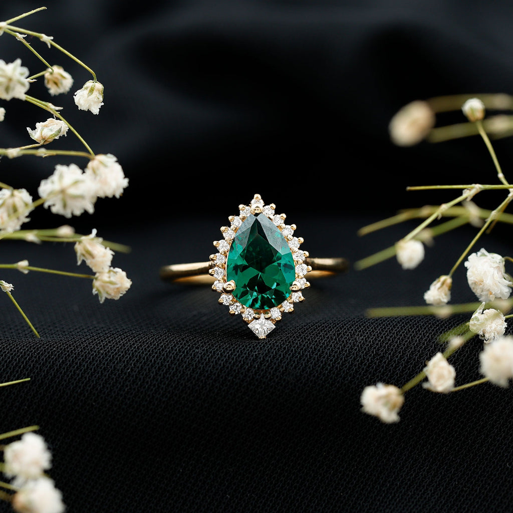 Certified 2 Carat Lab Grown Emerald Teardrop Engagement Ring with Diamond Halo