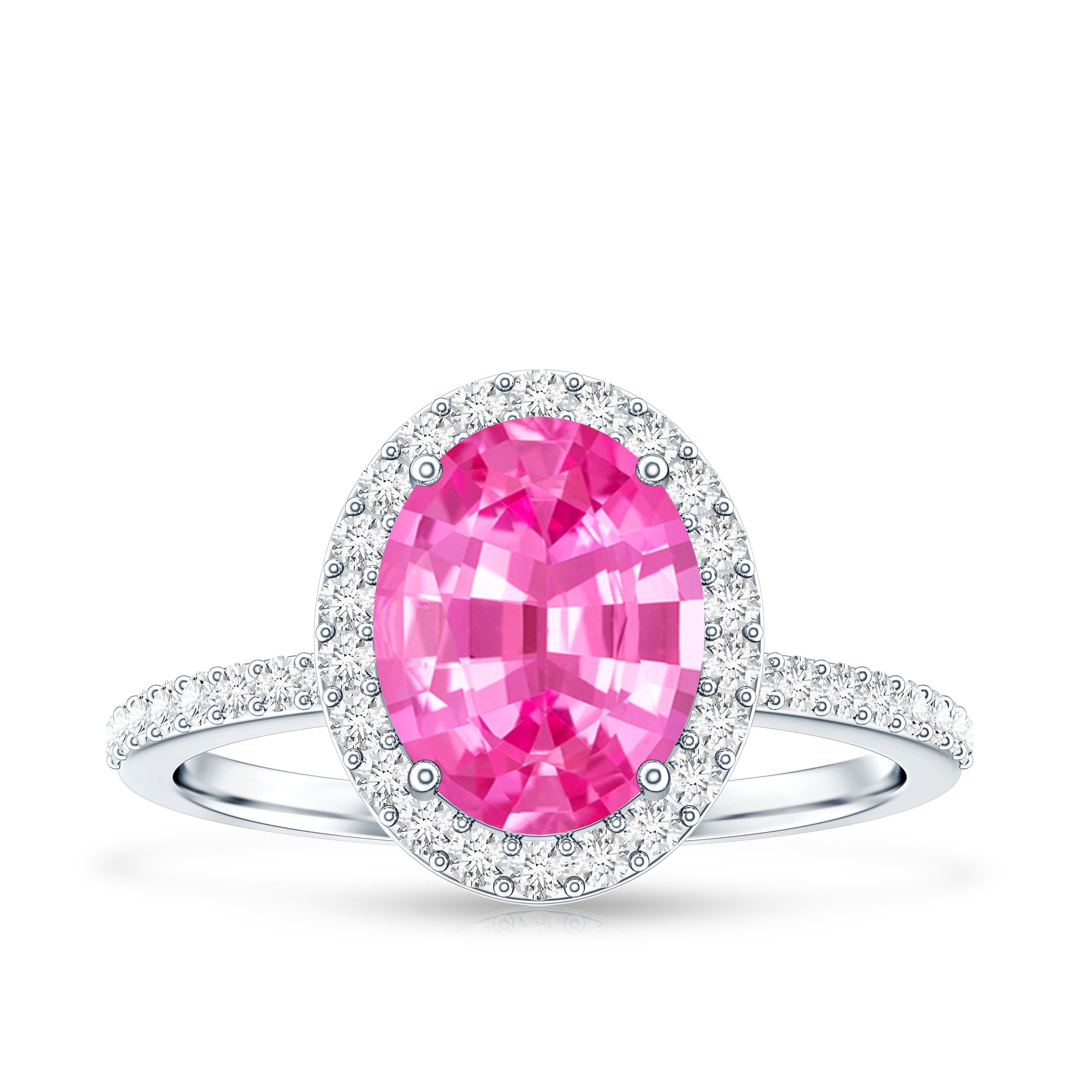 Oval Cut Created Pink Sapphire and Diamond Halo Ring