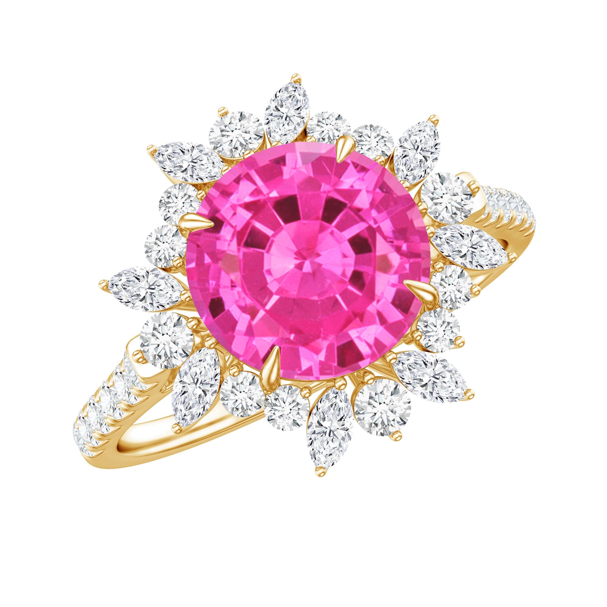 Created Pink Sapphire Cocktail Ring with Moissanite Floral Halo