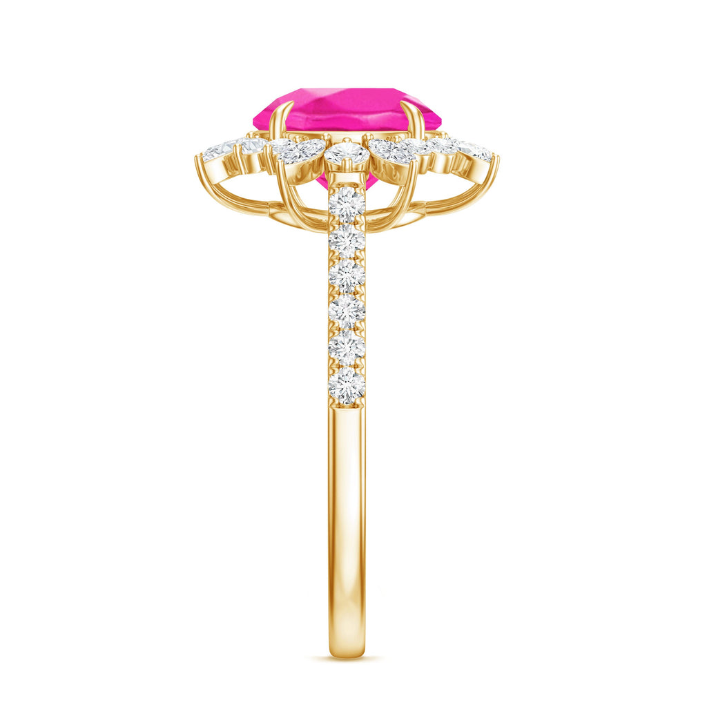 Created Pink Sapphire Cocktail Ring with Moissanite Floral Halo