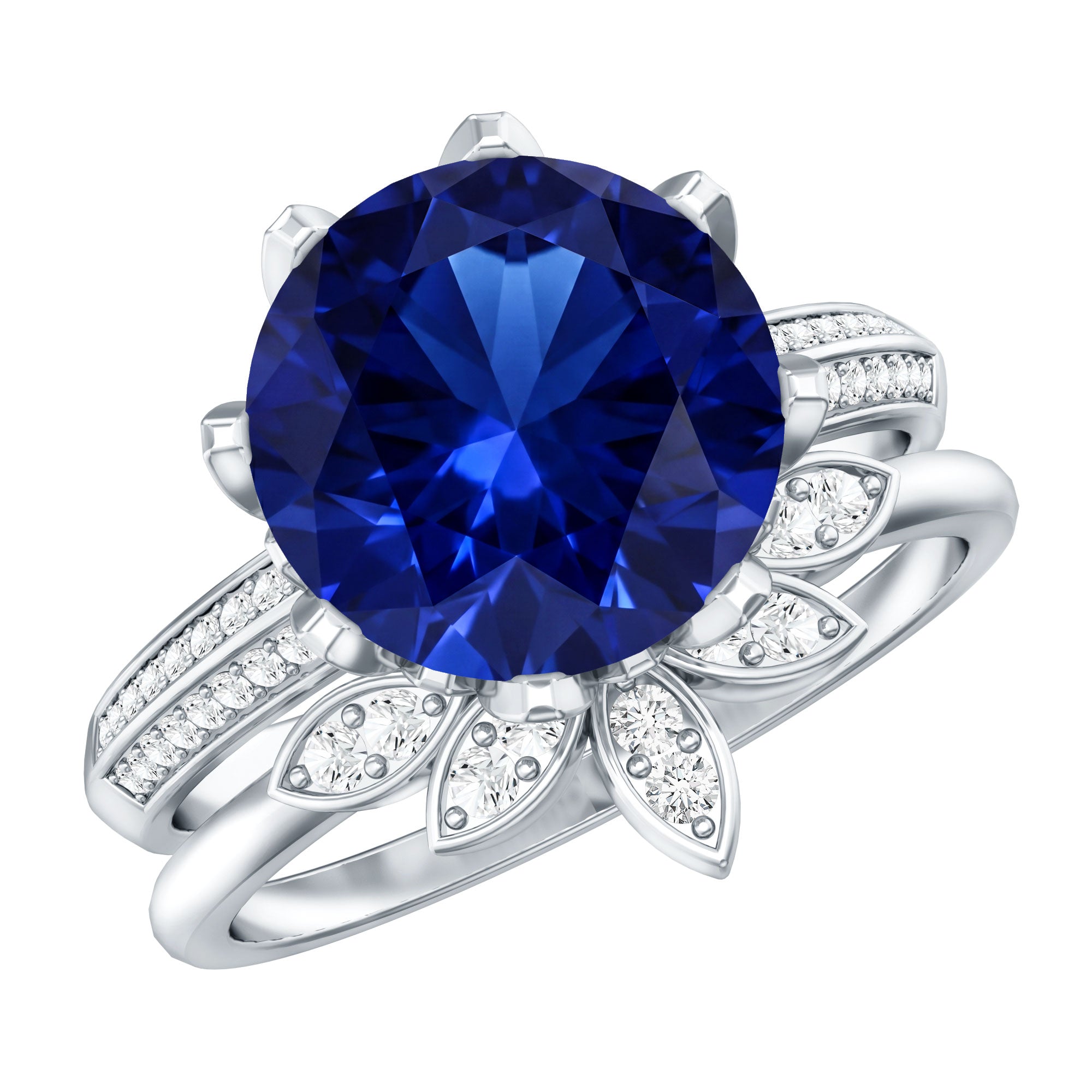 Nature Inspired 4.5 Carat Lab Grown Blue Sapphire Diamond Engagement Ring with Enhancer