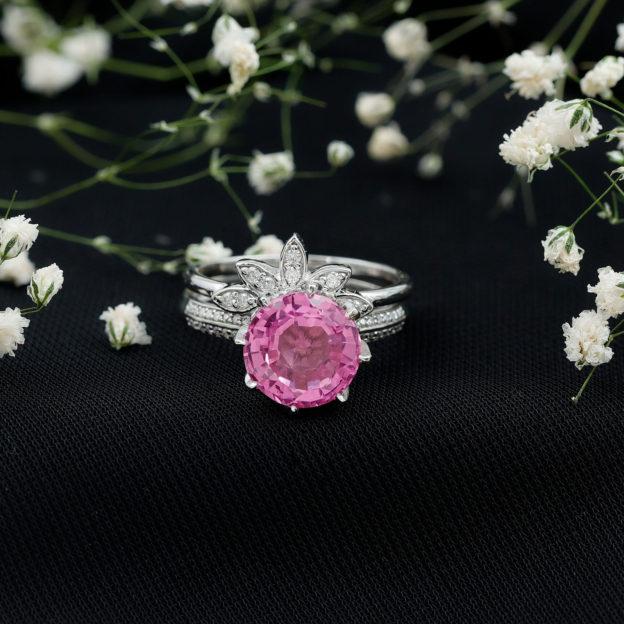 Floral Inspired Lab Grown Pink Sapphire Bridal Wedding Ring Set With Moissanite