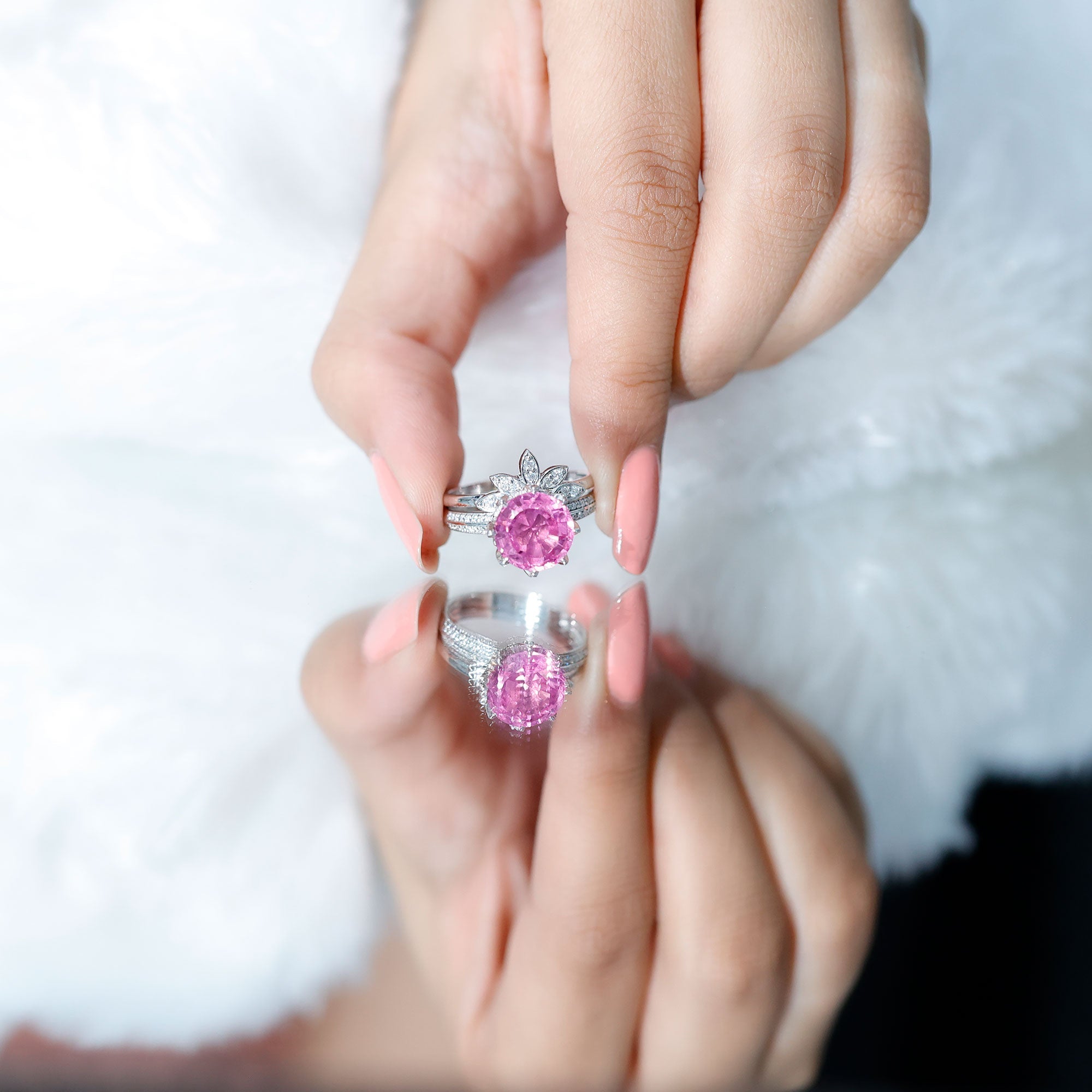 Floral Inspired Lab Grown Pink Sapphire Bridal Wedding Ring Set With Moissanite