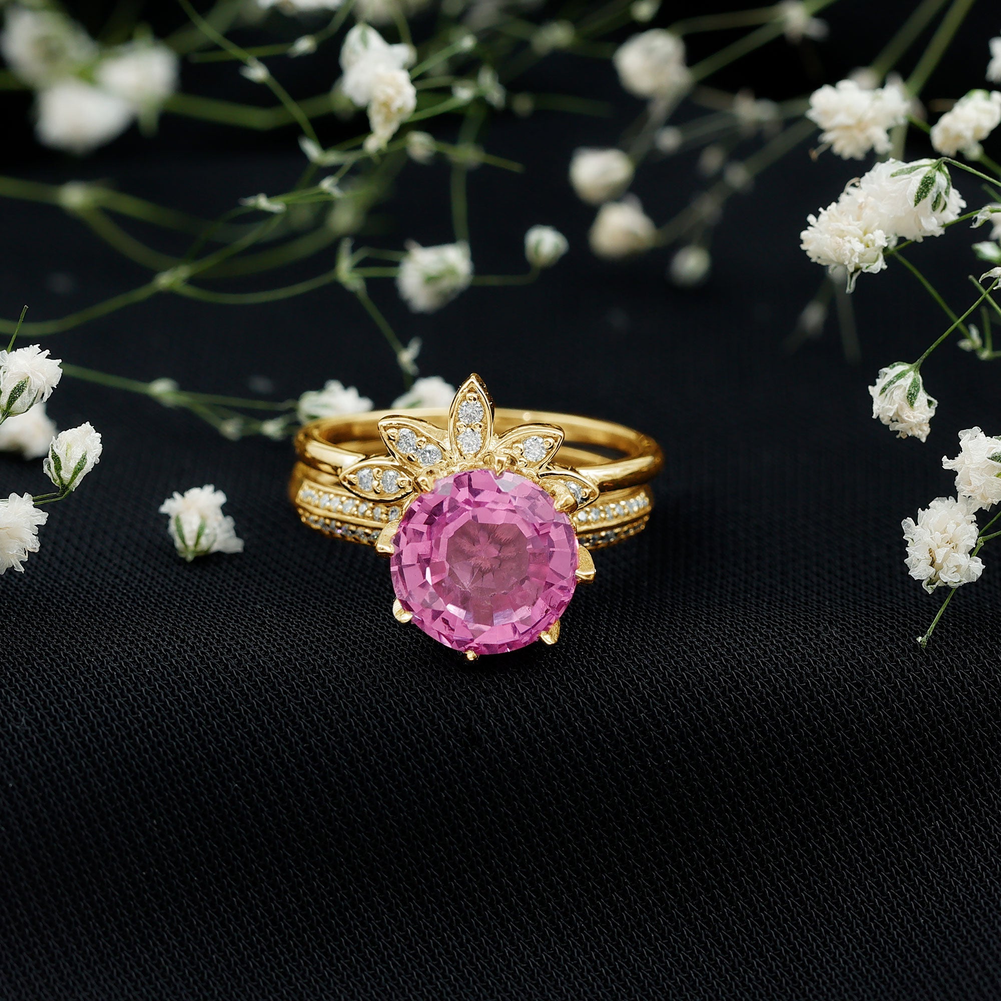 Floral Inspired Lab Grown Pink Sapphire Bridal Wedding Ring Set With Moissanite