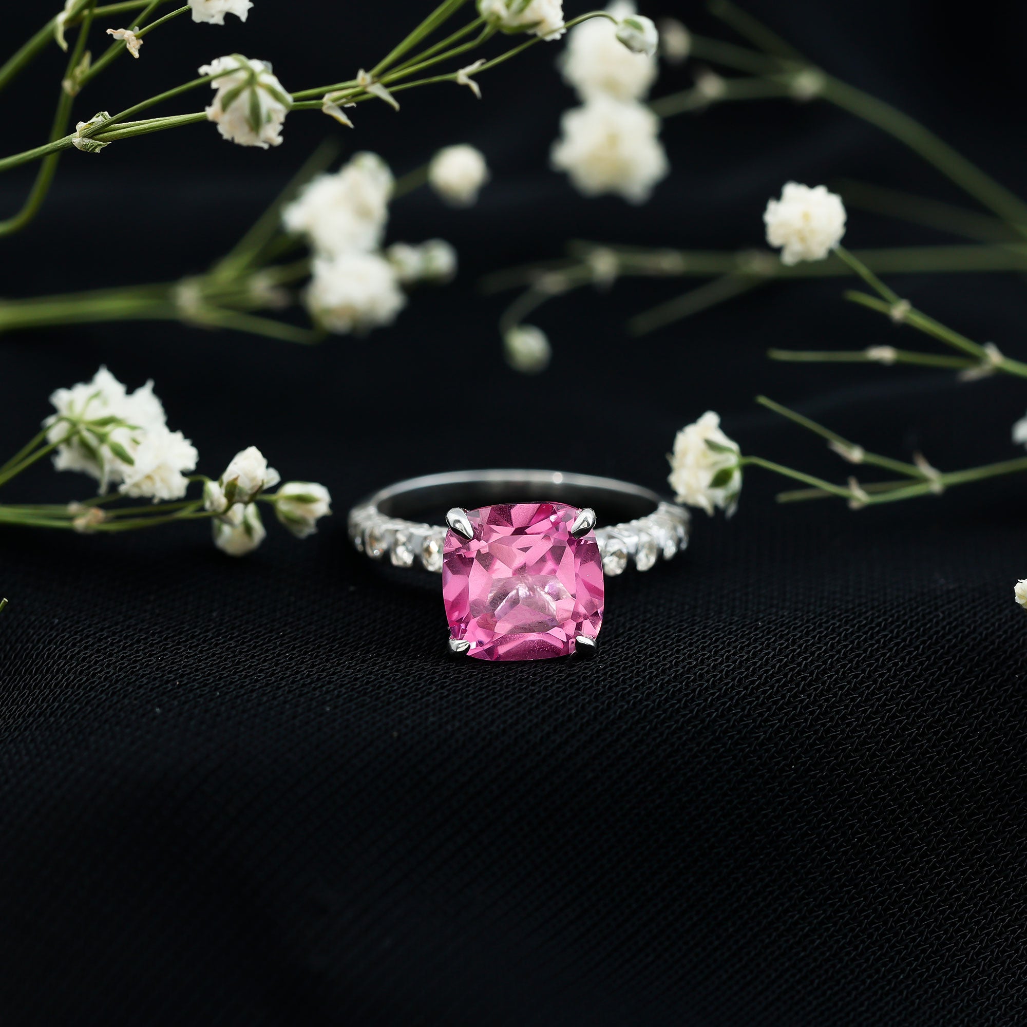 2.75 Carat Cushion Cut Lab Created Pink Sapphire Engagement Ring with Diamond