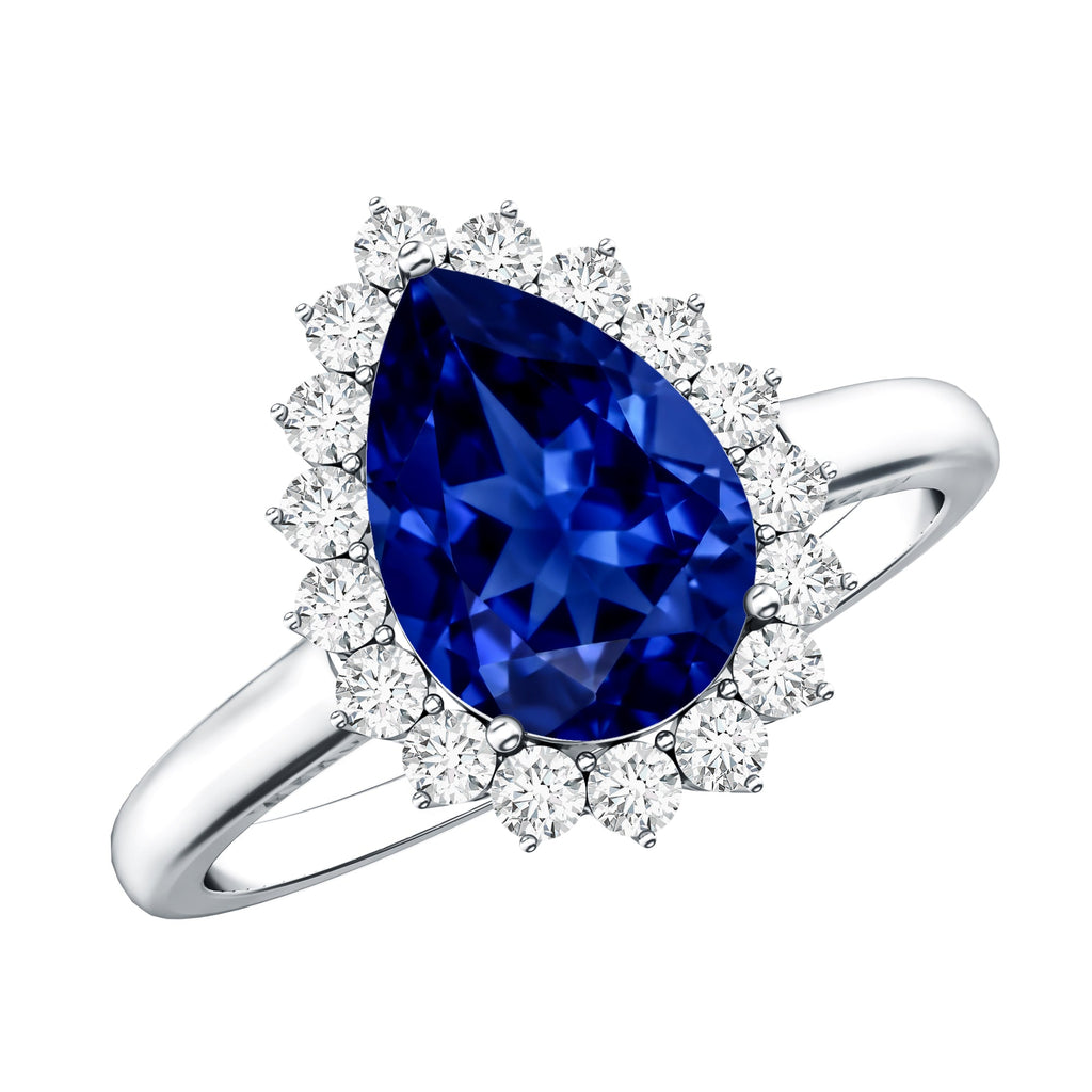 Certified 3.3 Carat Lab Grown Pear Shaped Blue Sapphire Engagement Ring with Diamond Halo