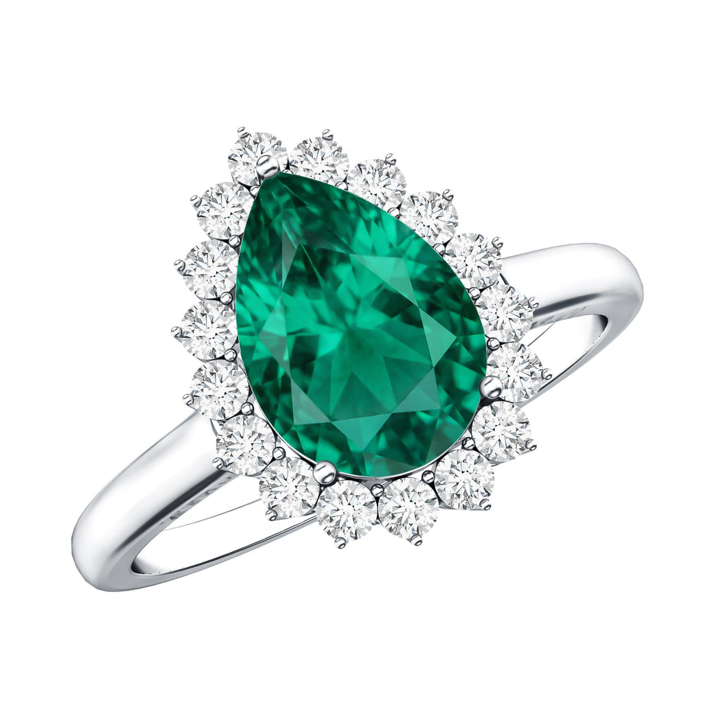 2 Carat Pear Cut Lab Created Emerald Halo Engagement Ring with Diamond