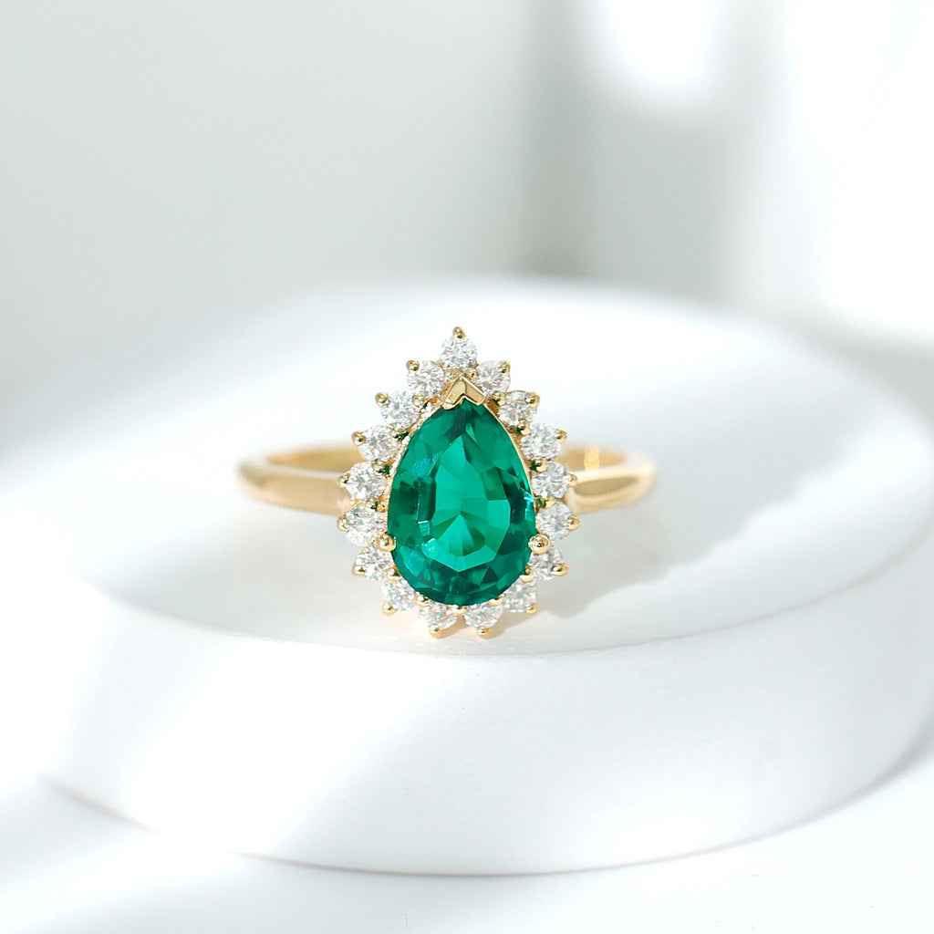 2 Carat Pear Cut Lab Created Emerald Halo Engagement Ring with Diamond