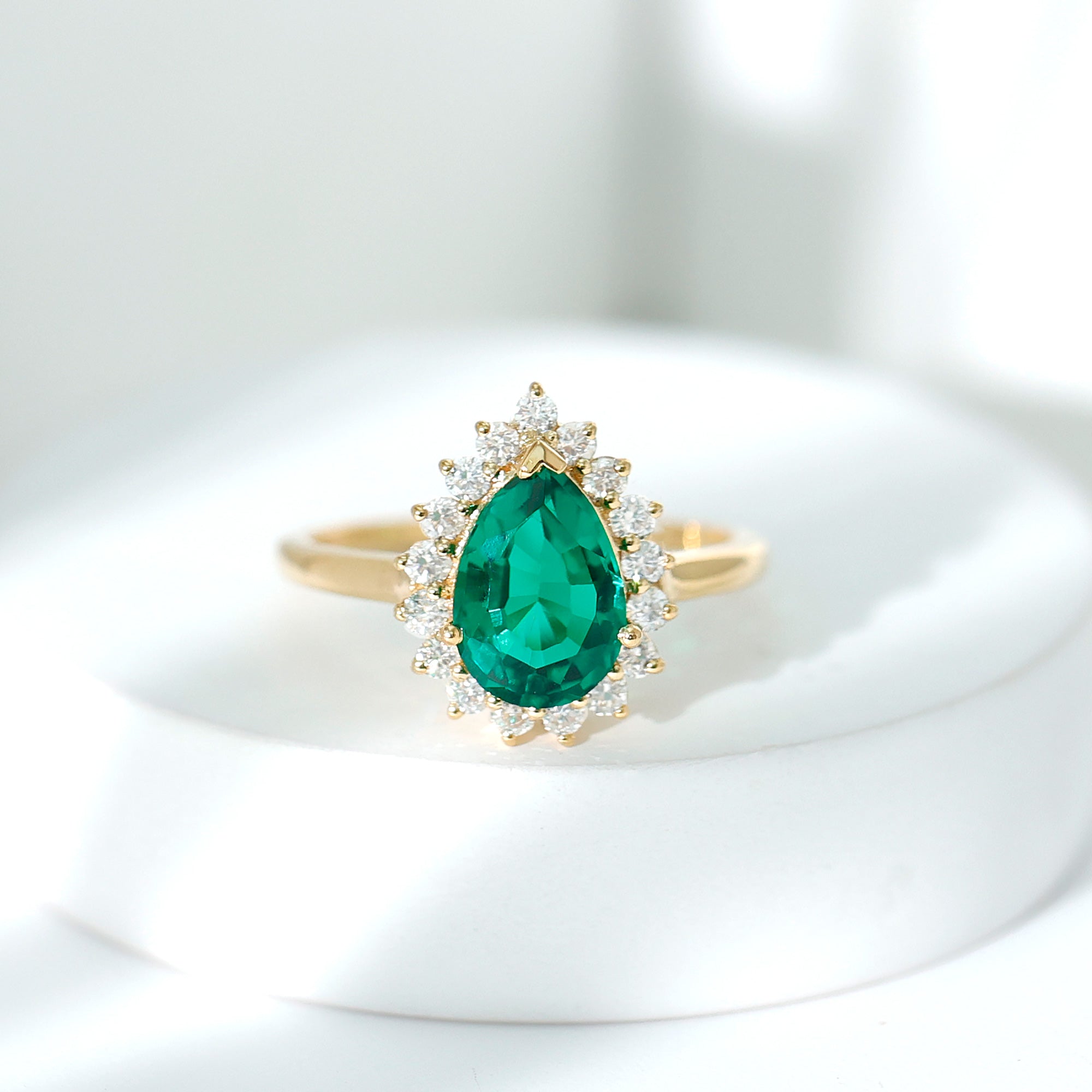 2 Carat Pear Cut Lab Created Emerald Halo Engagement Ring with Diamond