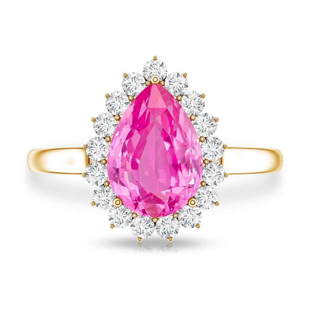 Pear Created Pink Sapphire and Diamond Halo Engagement Ring