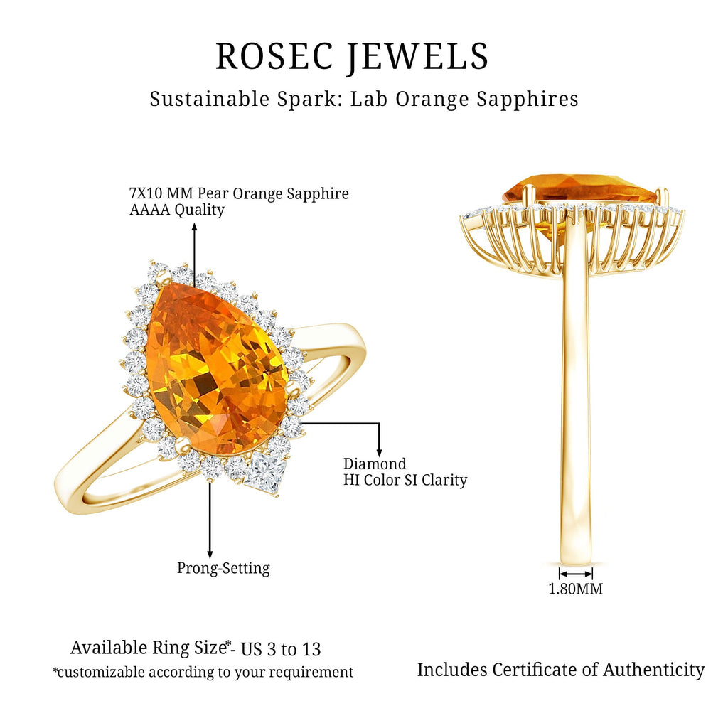 Certified 2.5 Carat Lab Grown Orange Sapphire Engagement Ring with Real Diamond Halo