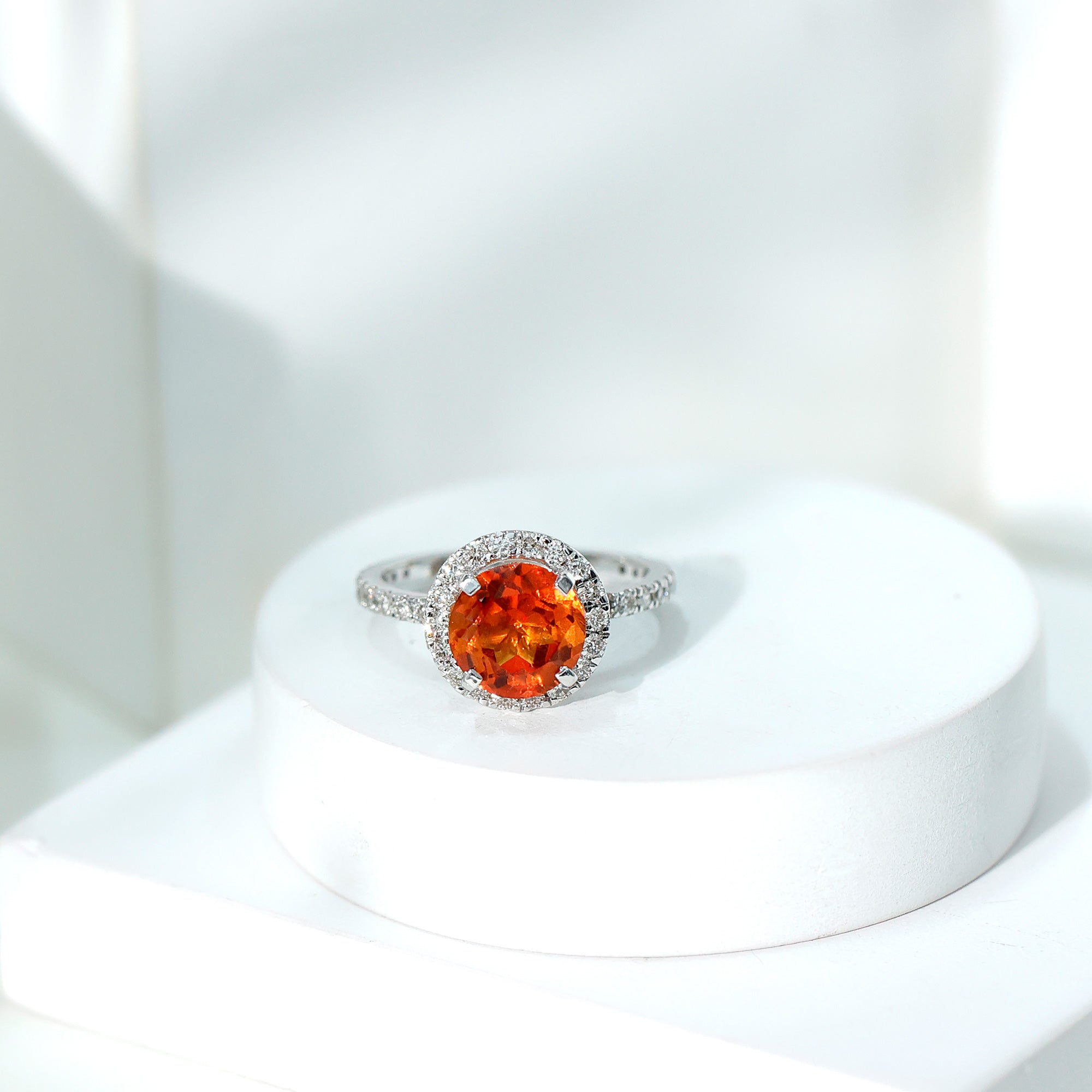 Certified 2.25 Carat Lab Grown Orange Sapphire Engagement Ring with Diamond Halo