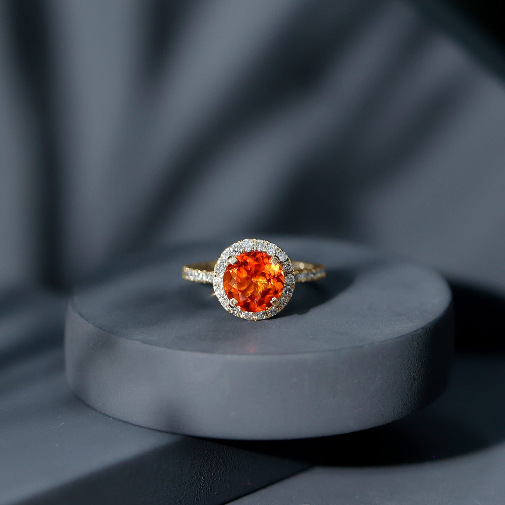 Certified 2.25 Carat Lab Grown Orange Sapphire Engagement Ring with Diamond Halo