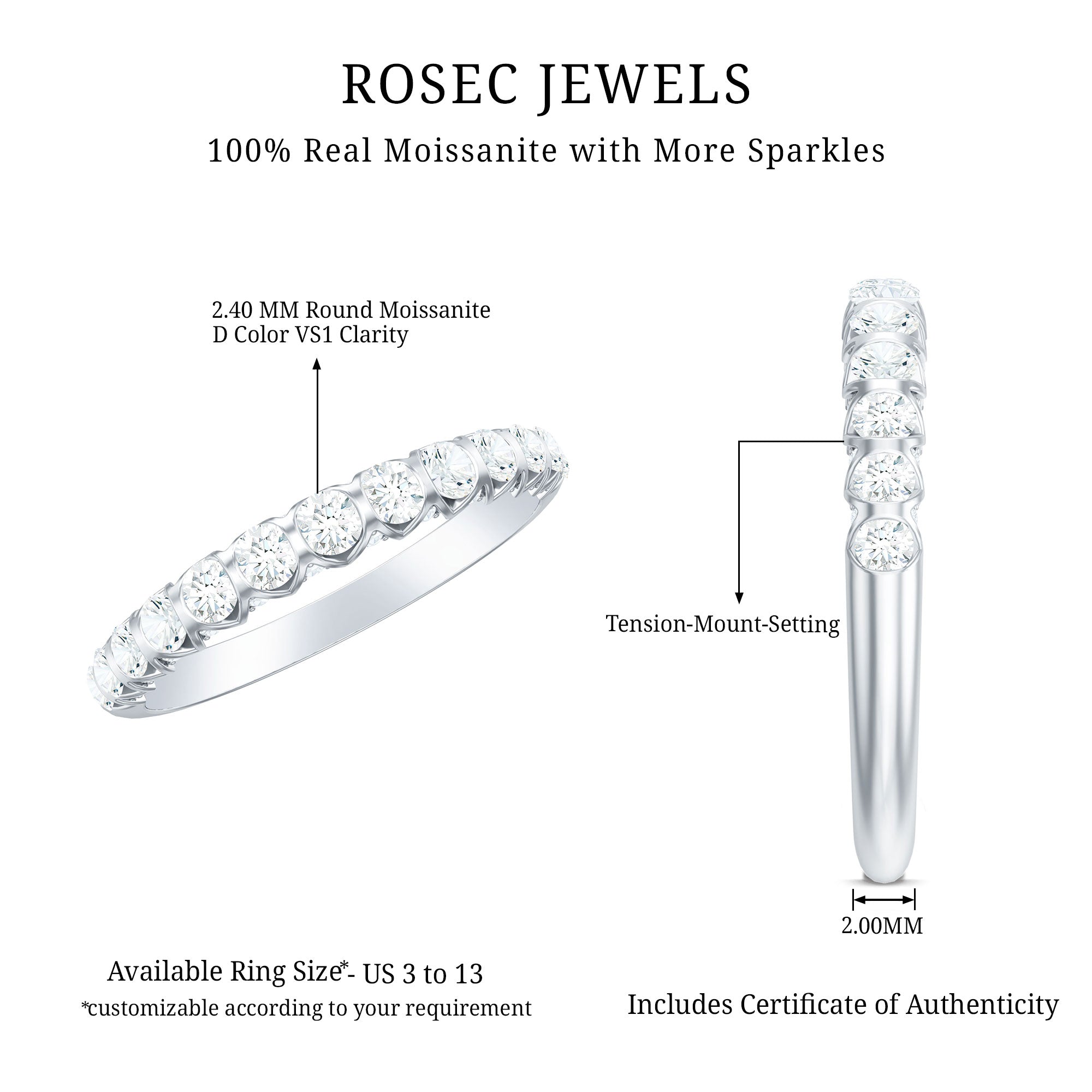 Certified Round Moissanite Half Eternity Wedding Band