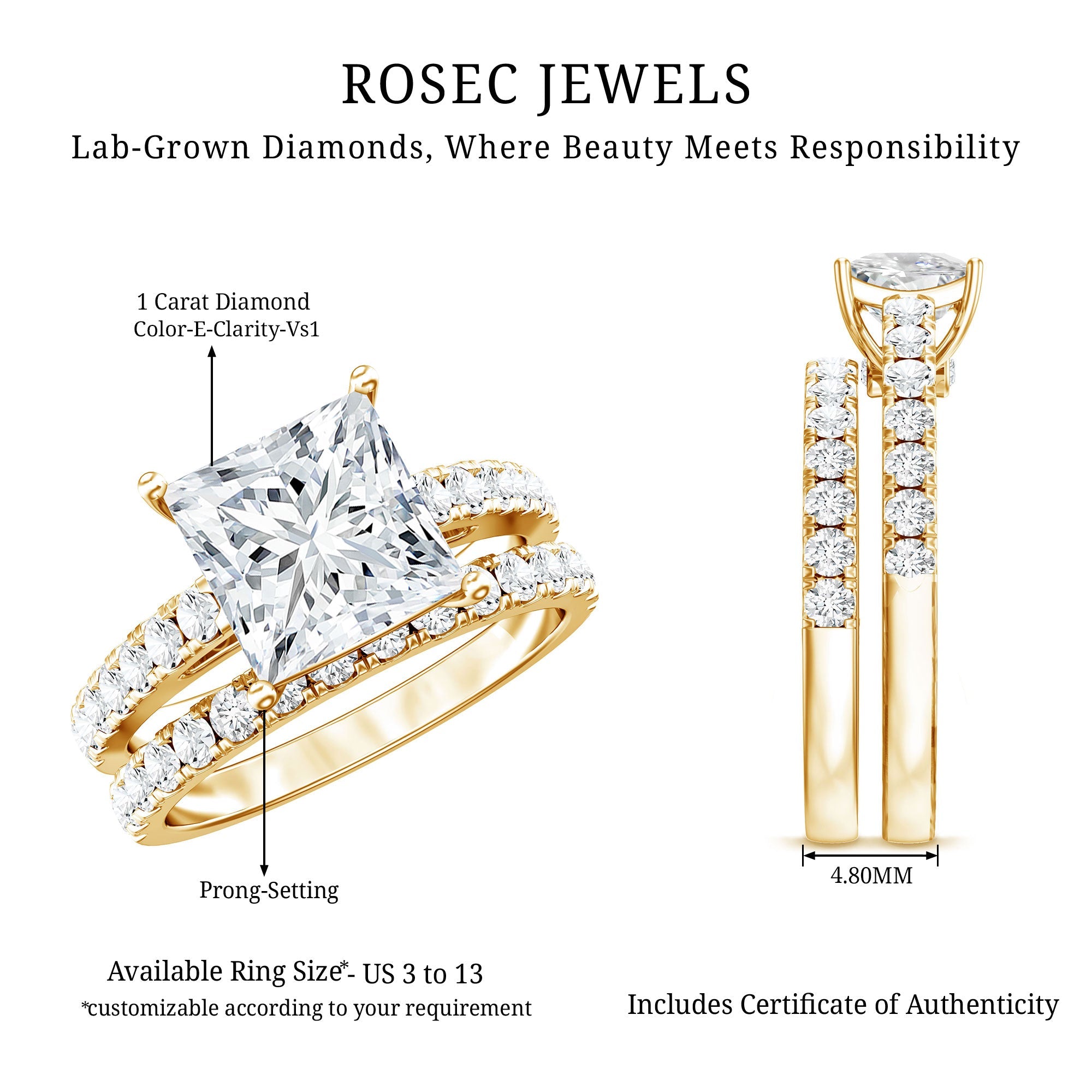 IGI Certified 1 Carat Lab Grown Diamond Princess Cut Engagement Ring with Band