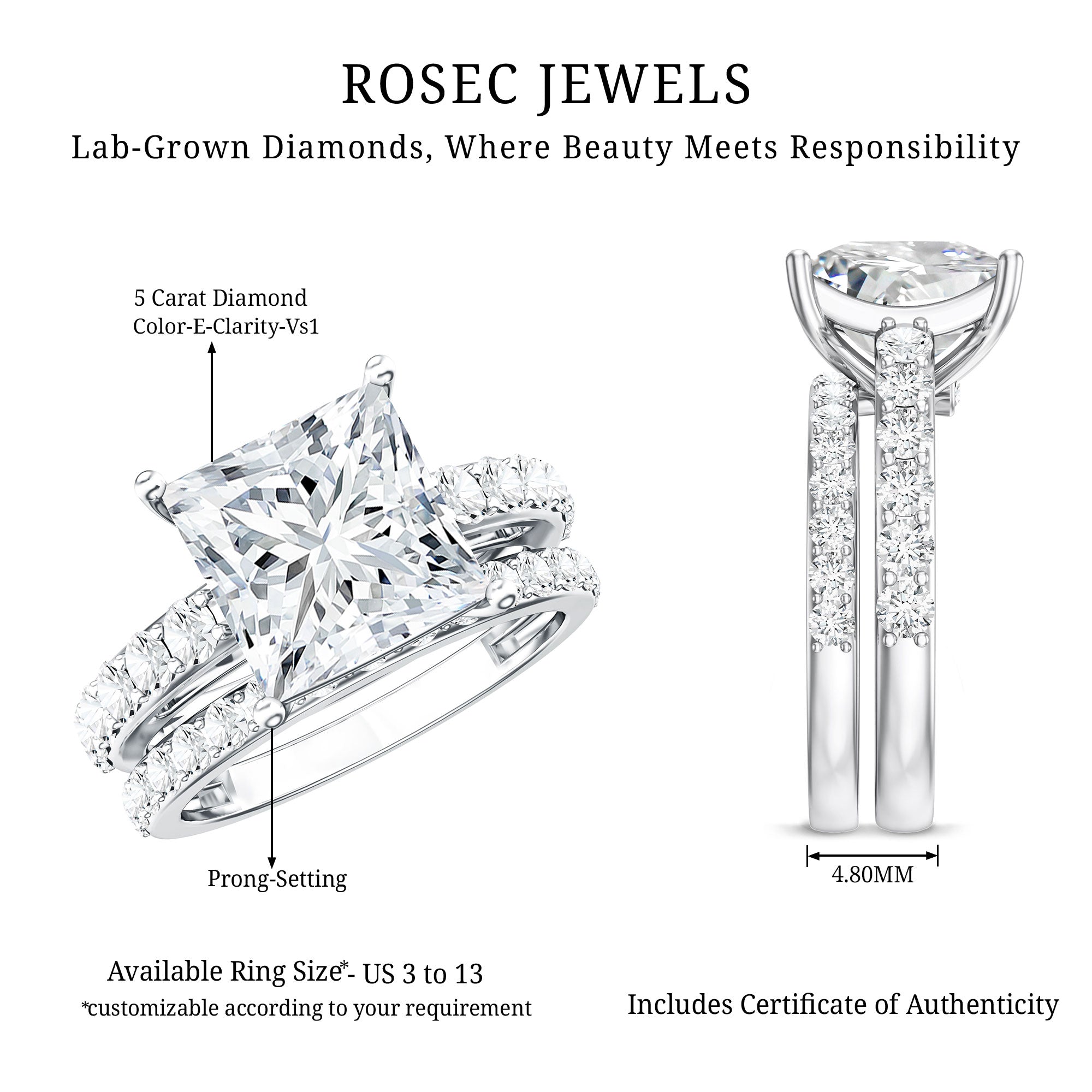 5 Carat IGI Certified Princess Cut Lab Diamond Engagement Ring with Band